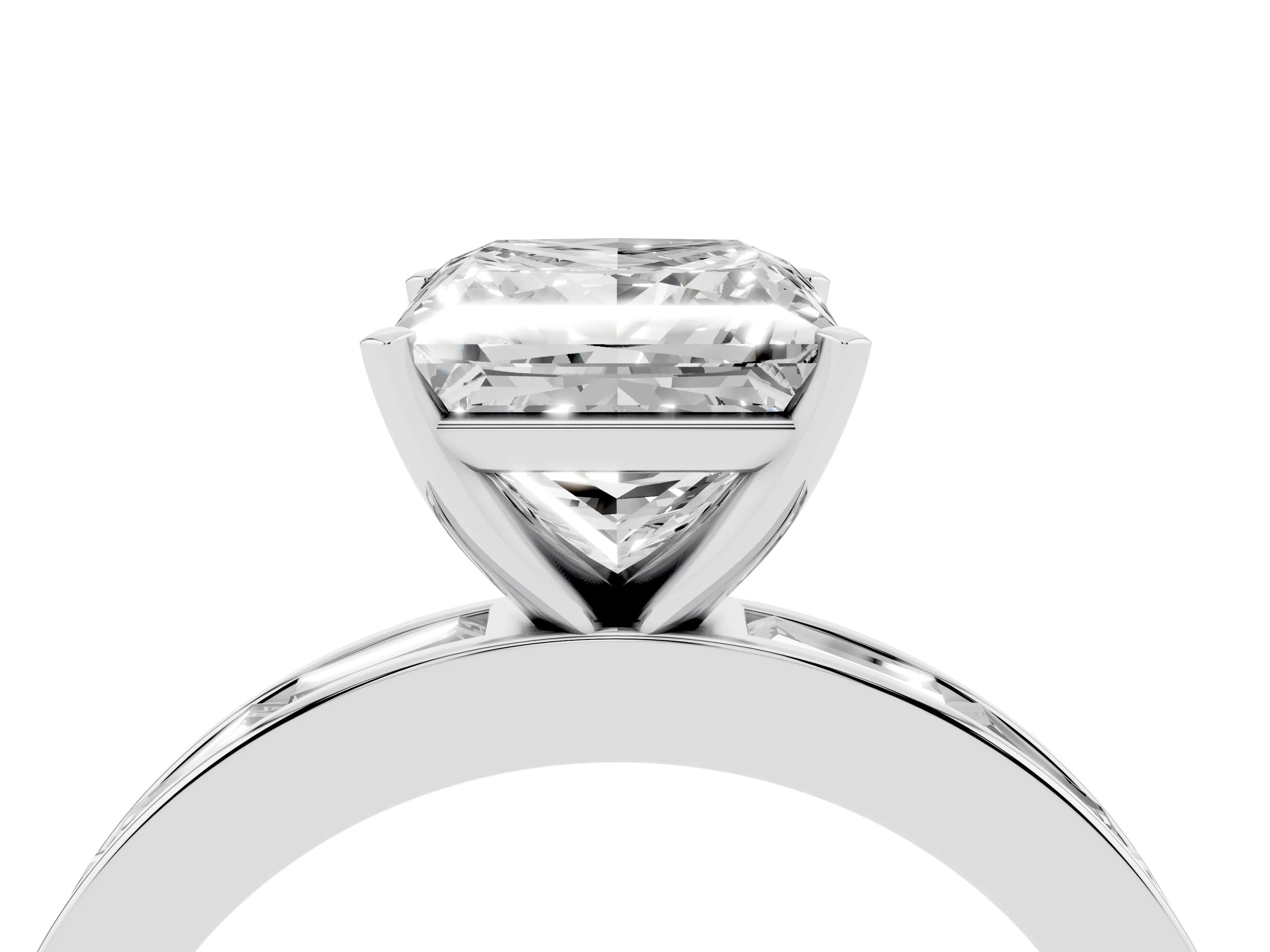 Princess Cut Diamond Solitaire Ring Set in White gold with Channel-Set Baguette Band and Prong Setting