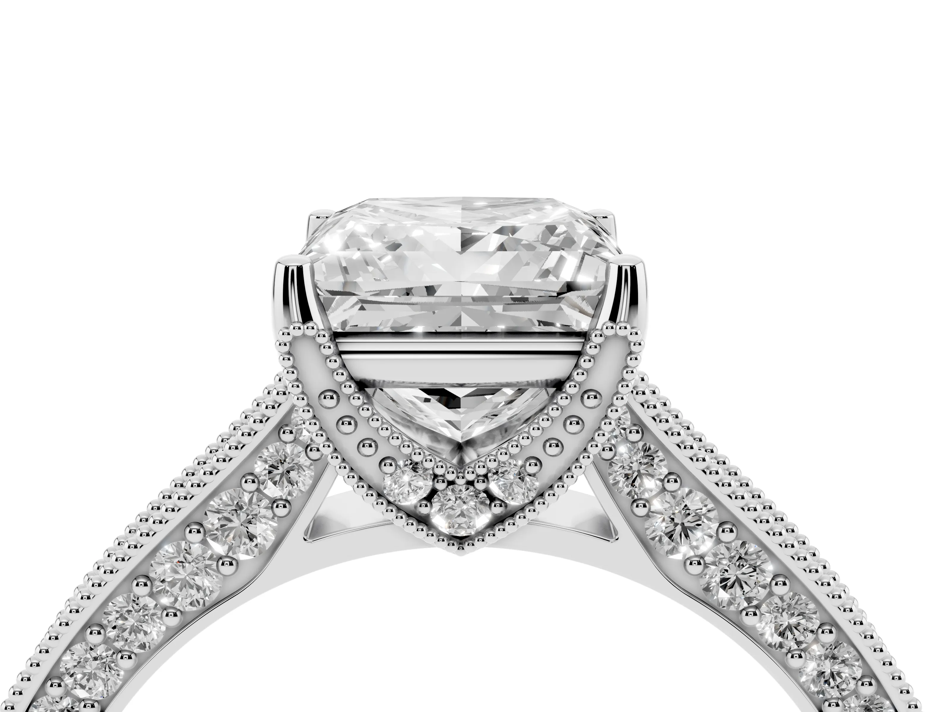 Princess Cut Diamond Solitaire Ring Set in Silver with Milgrain-Edged Pavé Band and Prong Setting