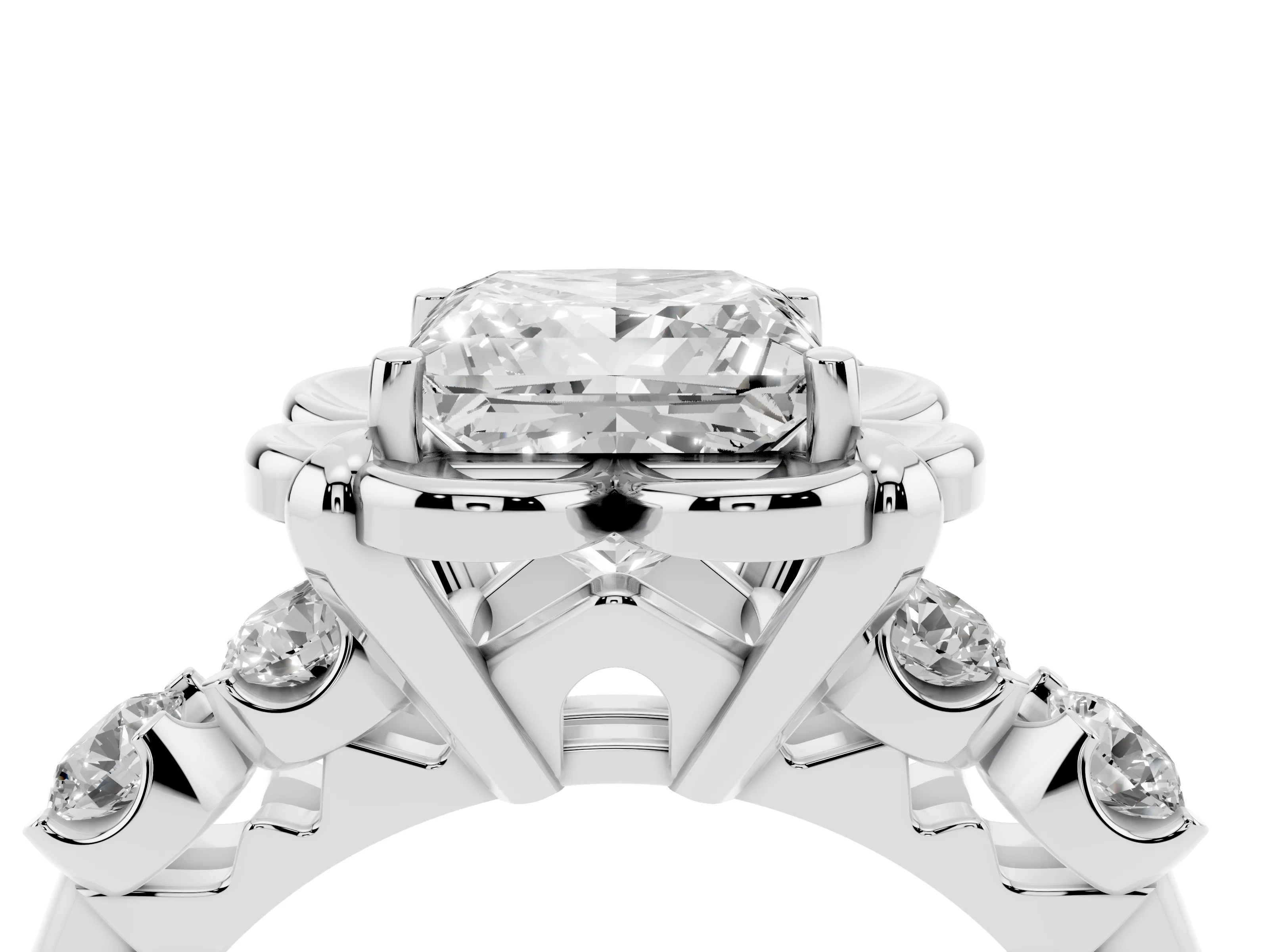 Princess Cut Diamond Floral Halo Ring Set in Silver with Shared Prong Band