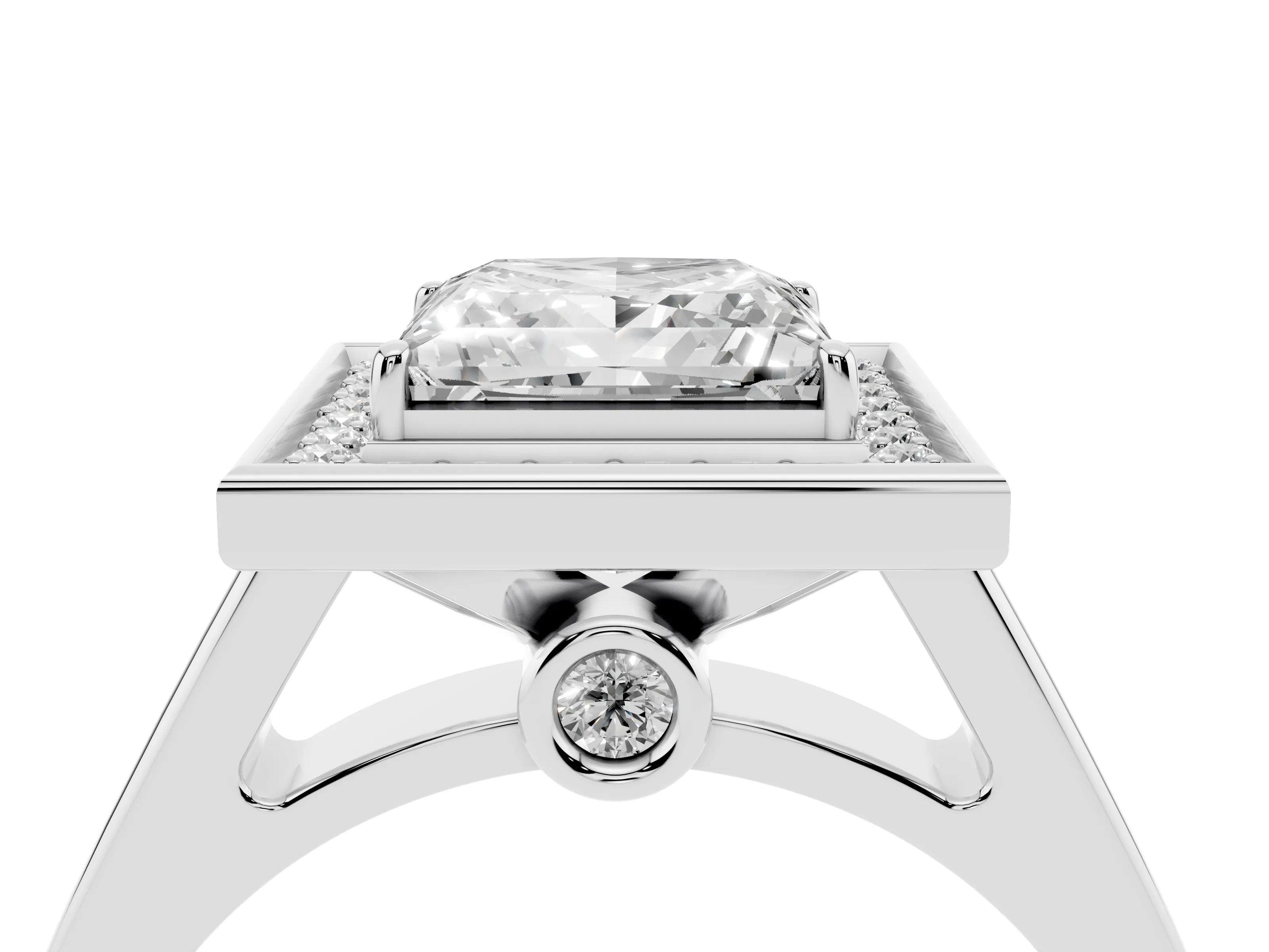 Princess Cut Diamond Halo Solitaire Ring Set in White gold with Pavé Band and Bezel Setting