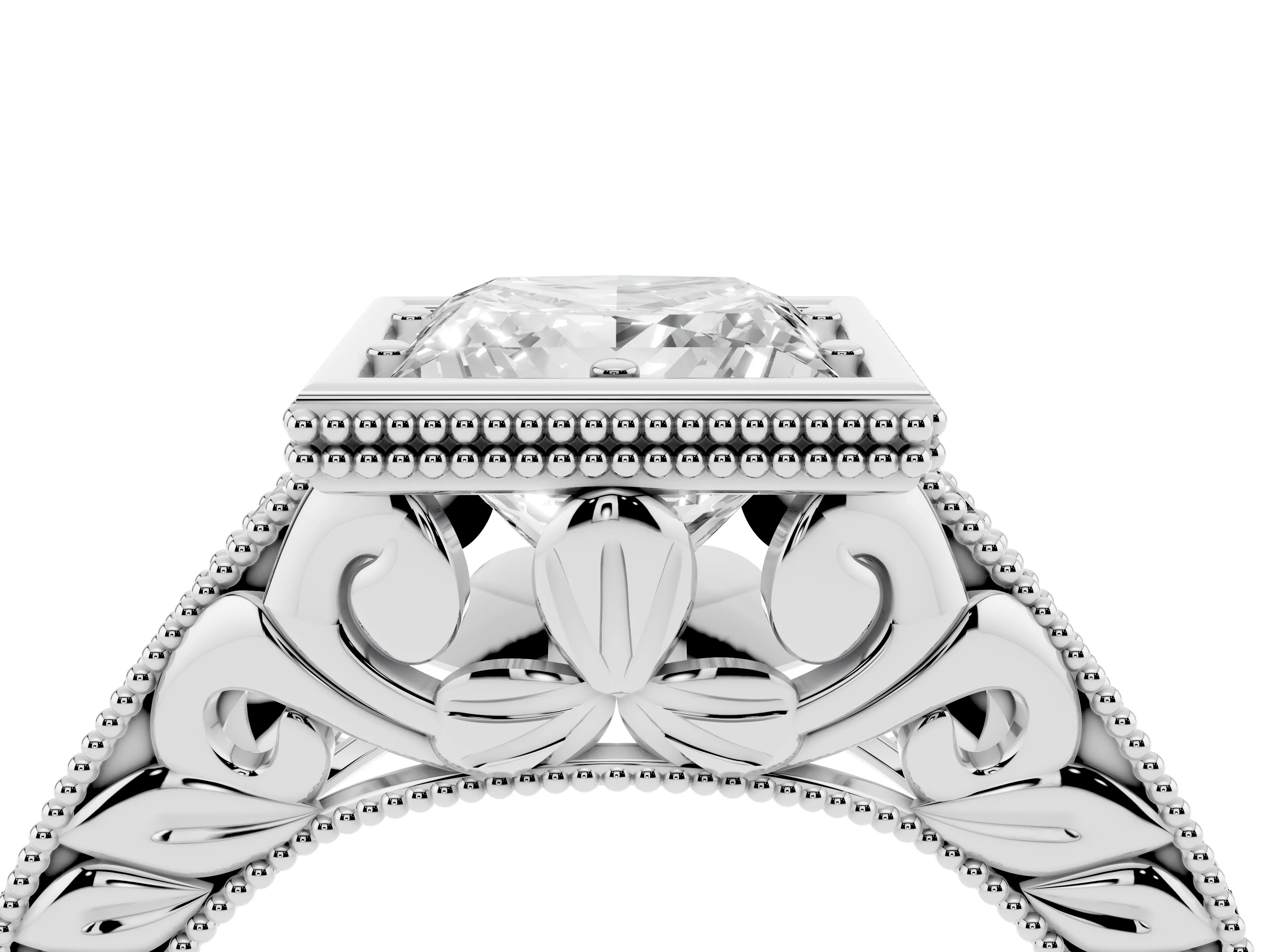 Bezel Set Princess Cut Diamond Milgrain Pavé Engagement Ring Set in Platinum