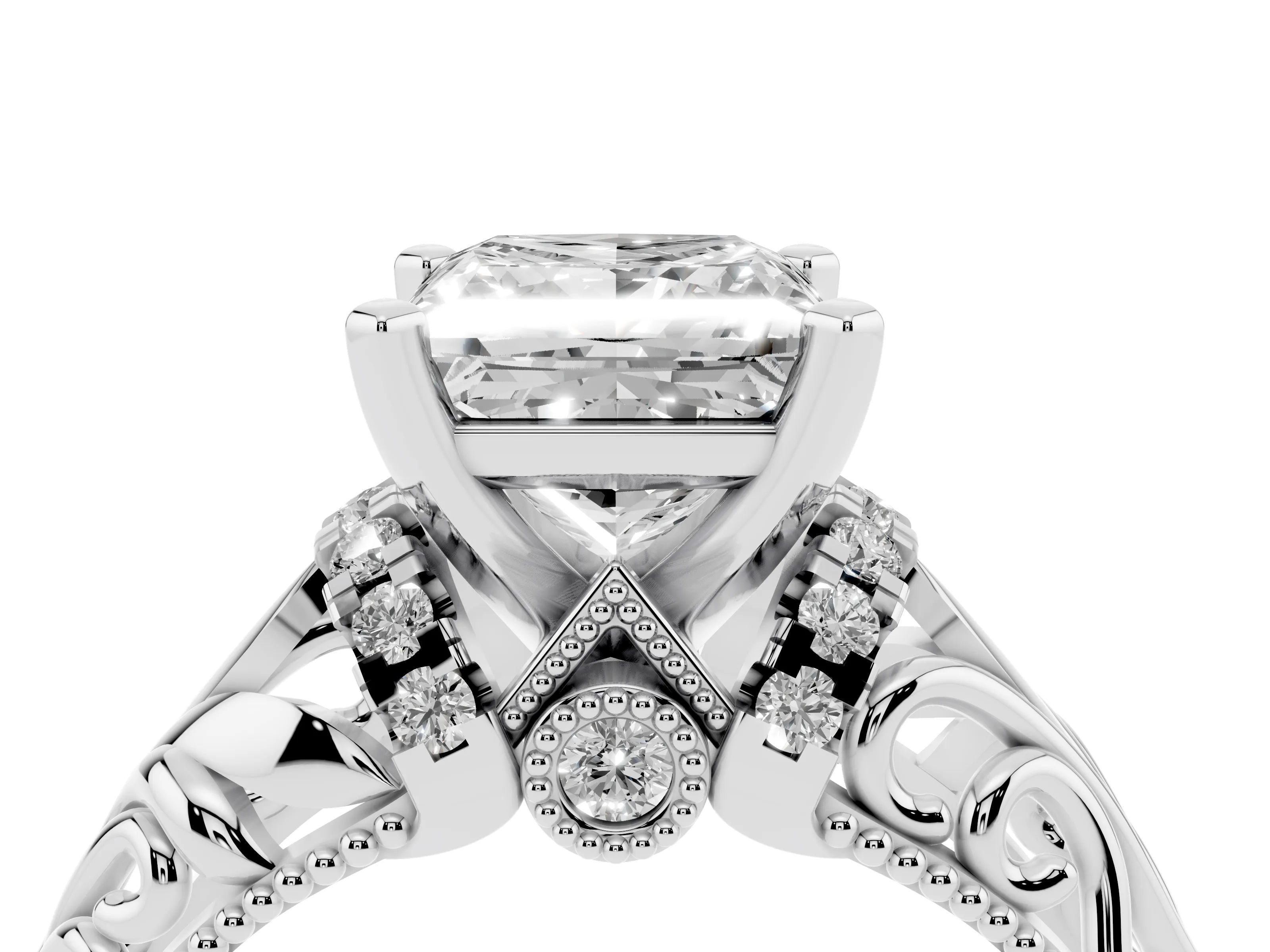 Princess Cut Diamond Filigree Halo Engagement Ring Set in Silver with Prong Setting