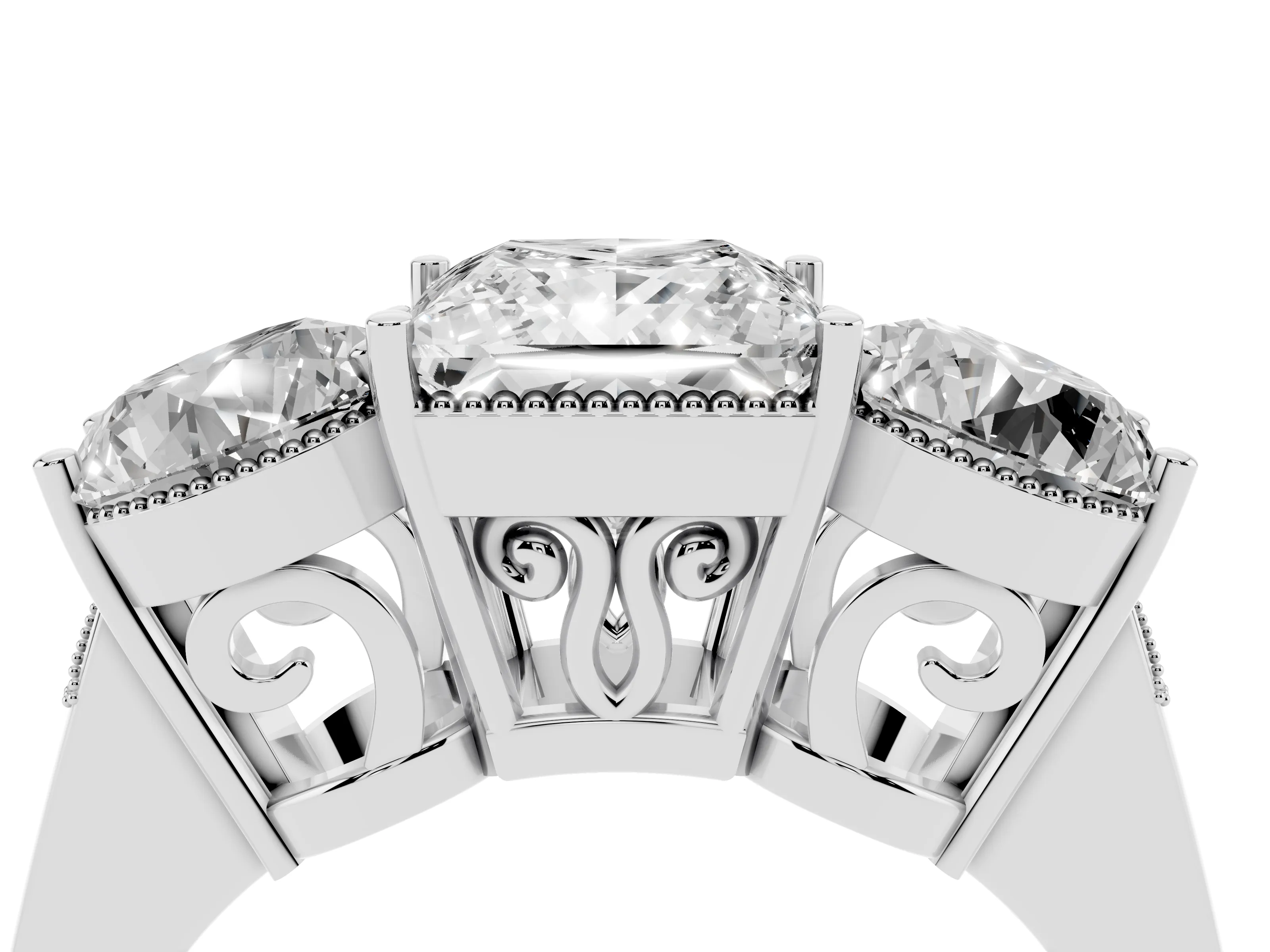 Princess Cut Diamond Three-Stone Engagement Ring Set in White gold with Polished Band