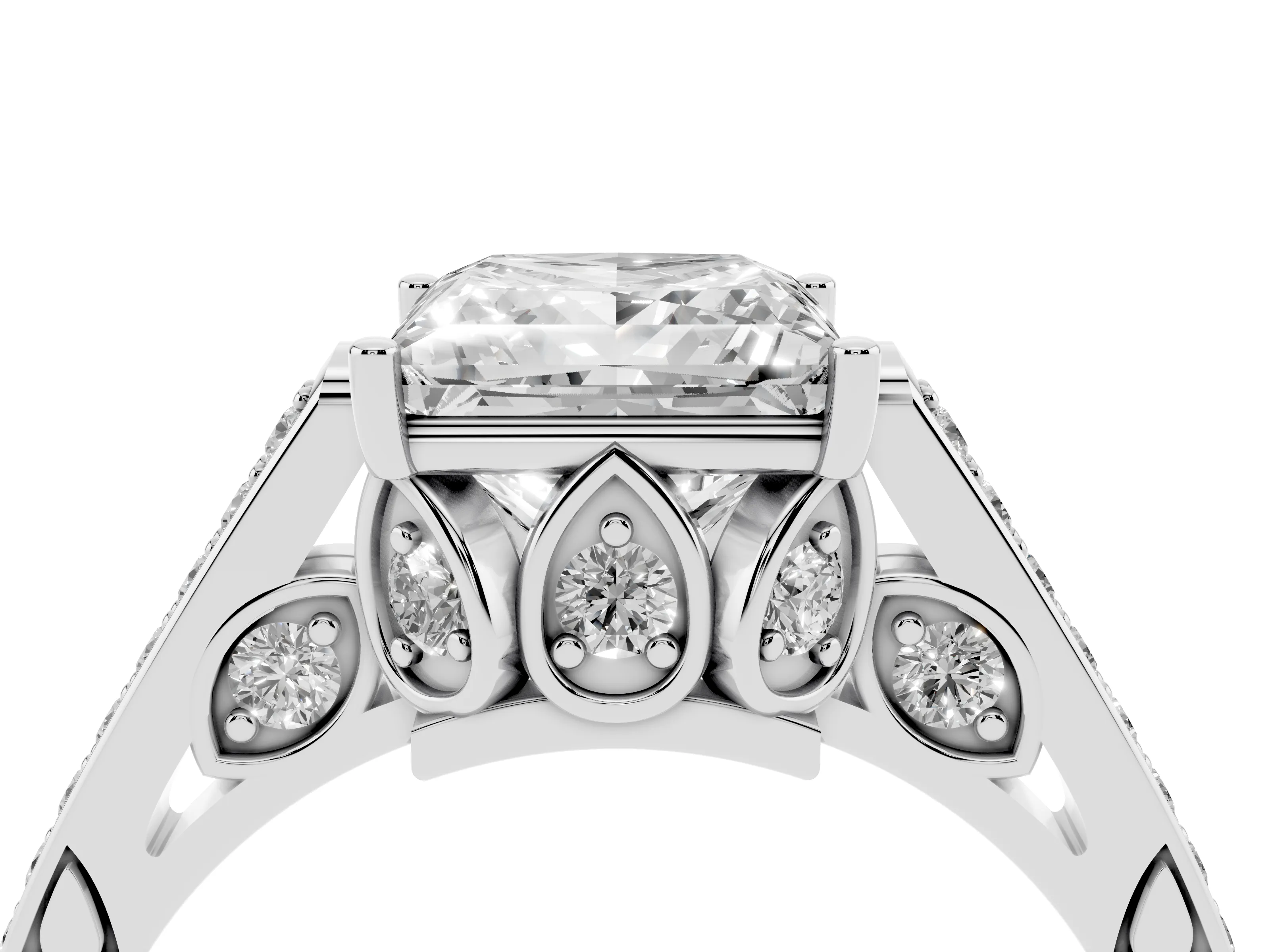 Princess Cut Diamond Cathedral Pavé Engagement Ring Set in Silver with Prong Setting