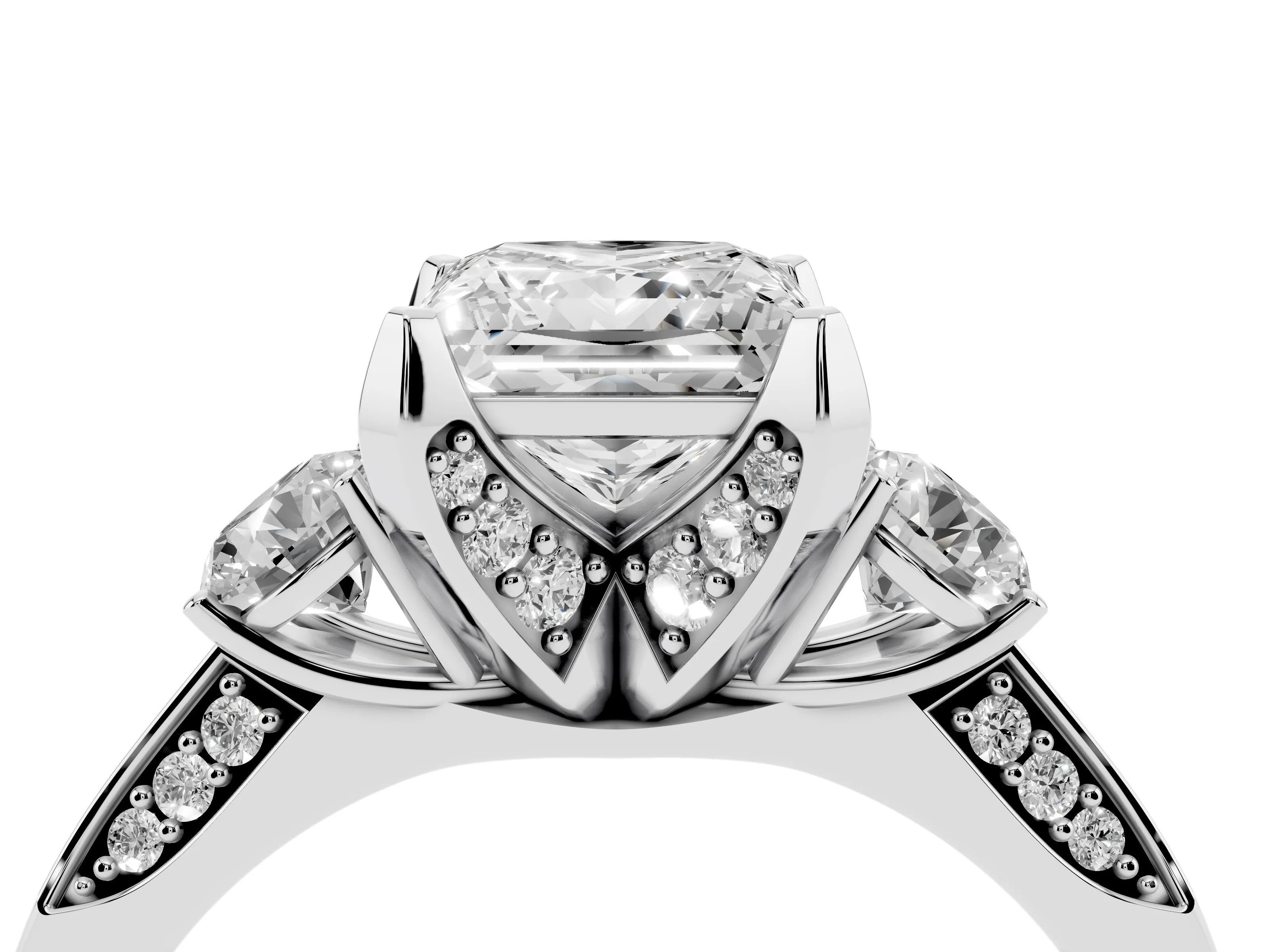 Princess Cut Diamond Three-Stone Ring Set in Silver with Pavé Band and Smaller Side Stones