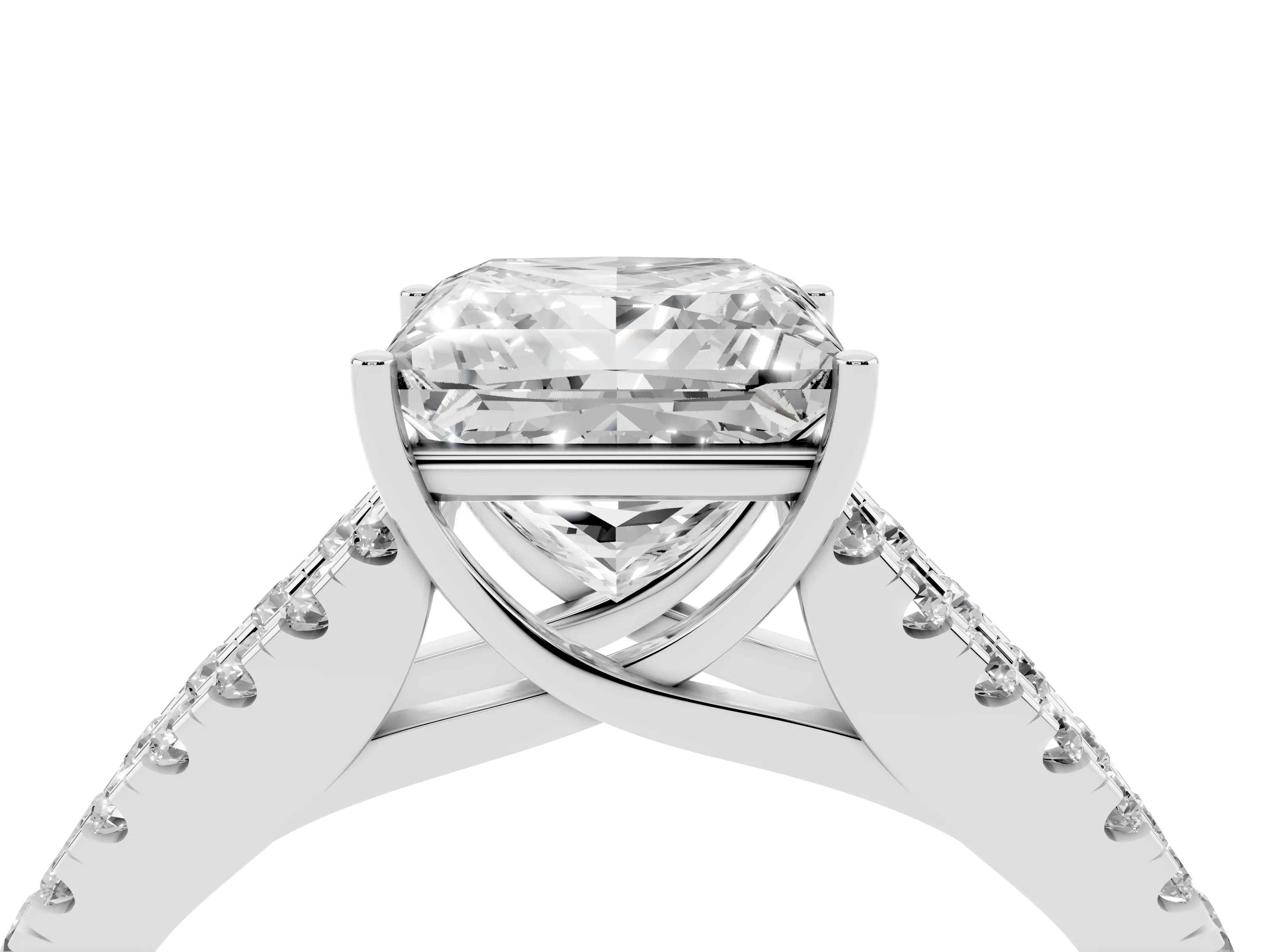 Princess Cut Diamond Split Shank Pavé Engagement Ring Set in Platinum with Prong-Held Center Stone