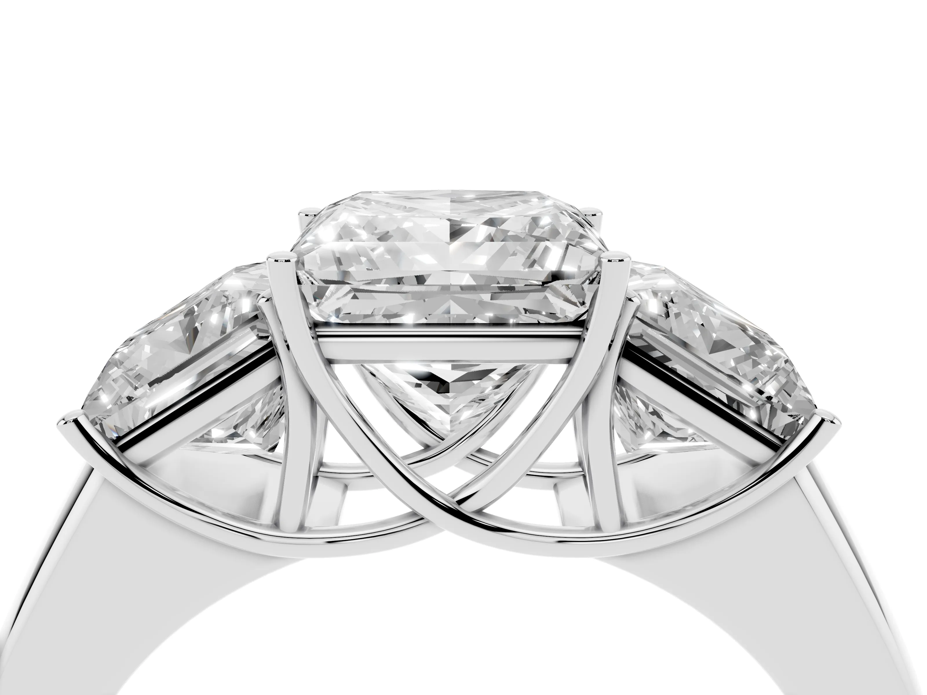 Three-Stone Princess Cut Diamond Ring Set in White gold with Matching Prong Settings and Plain Band
