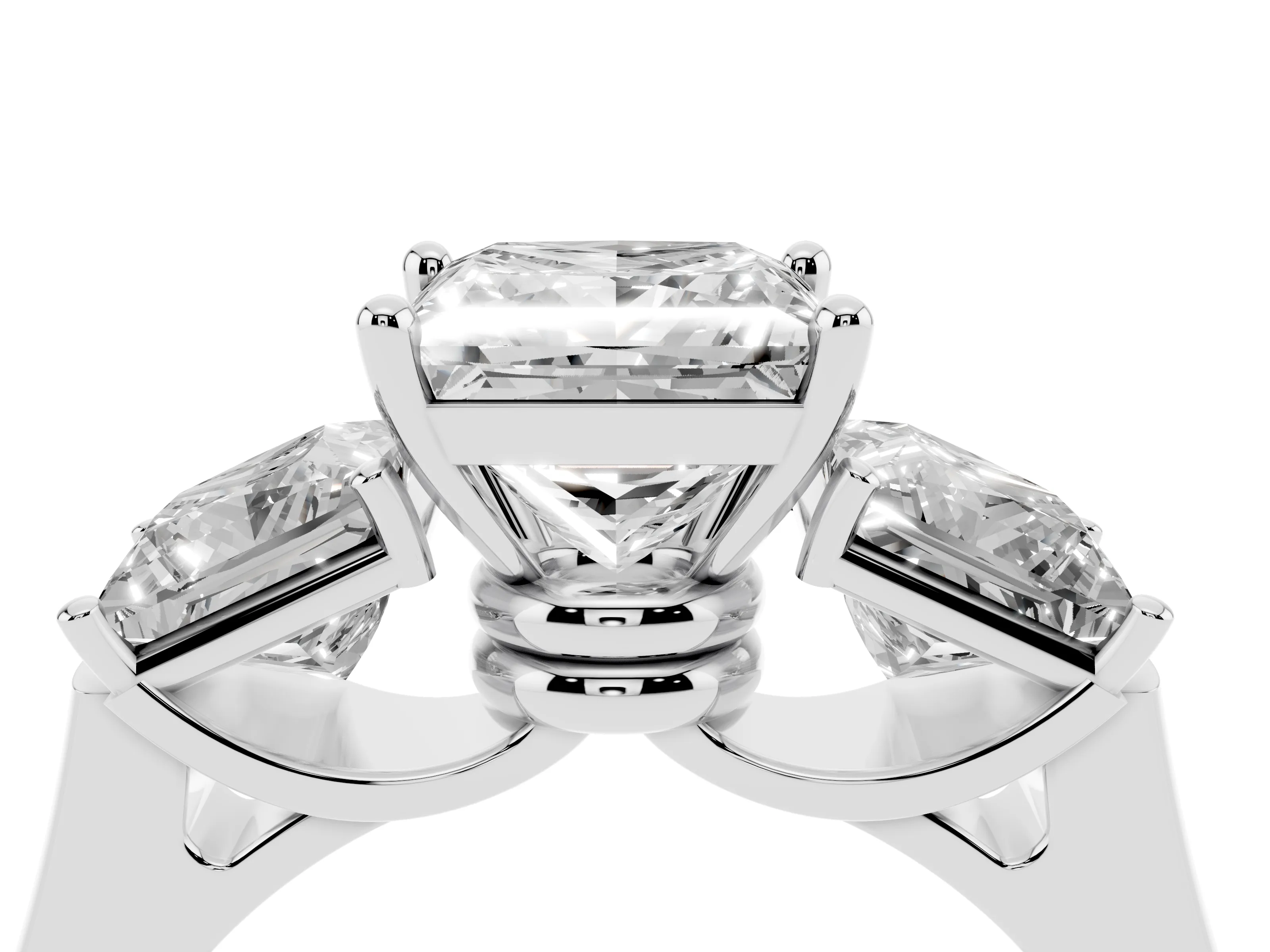 Princess Cut Diamond Three-Stone Trellis Ring Set in White gold with Comfort Fit Band