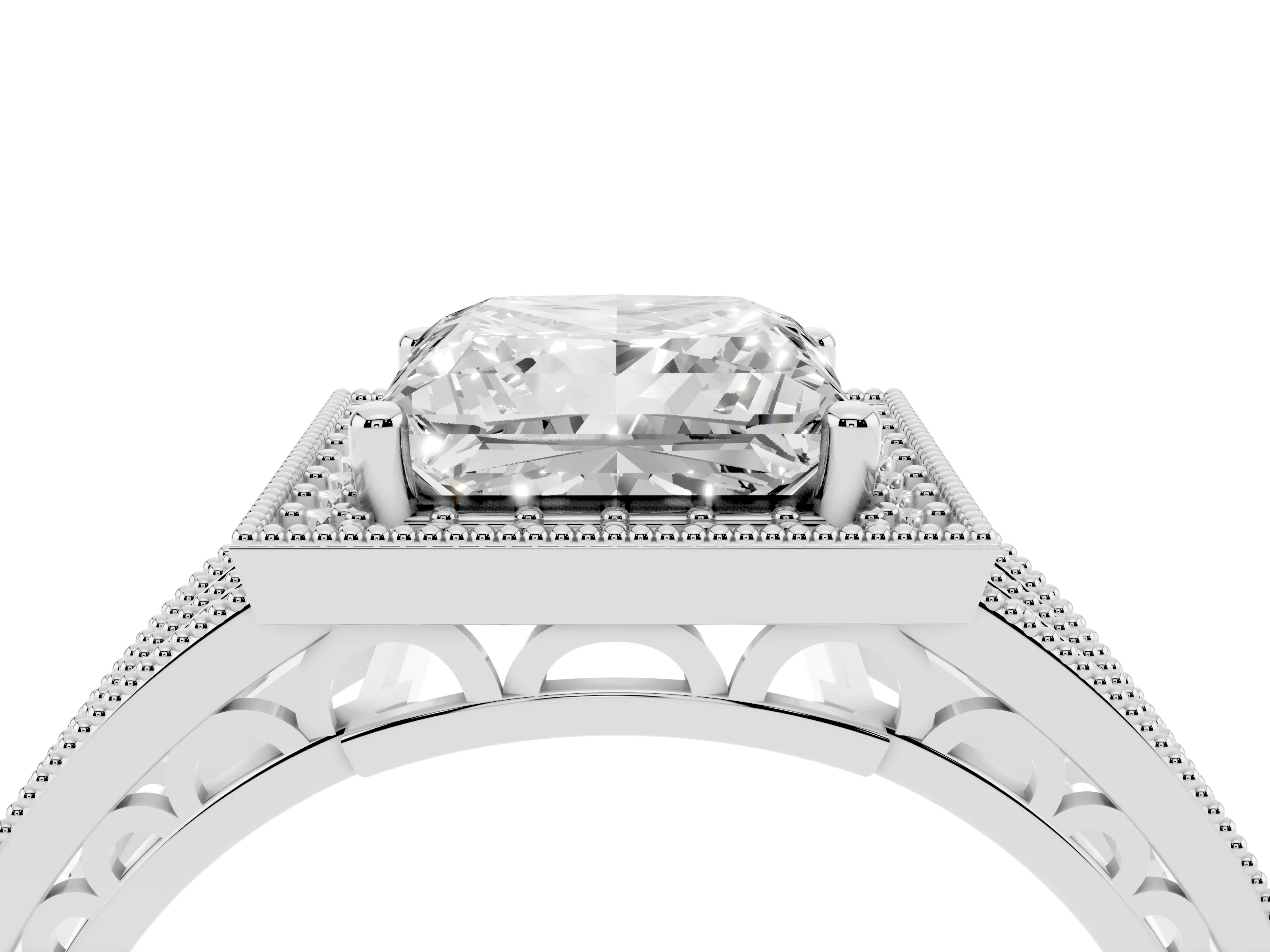 Princess Cut Diamond Halo Ring Set in White gold with Accent Split Shank and Prong Setting