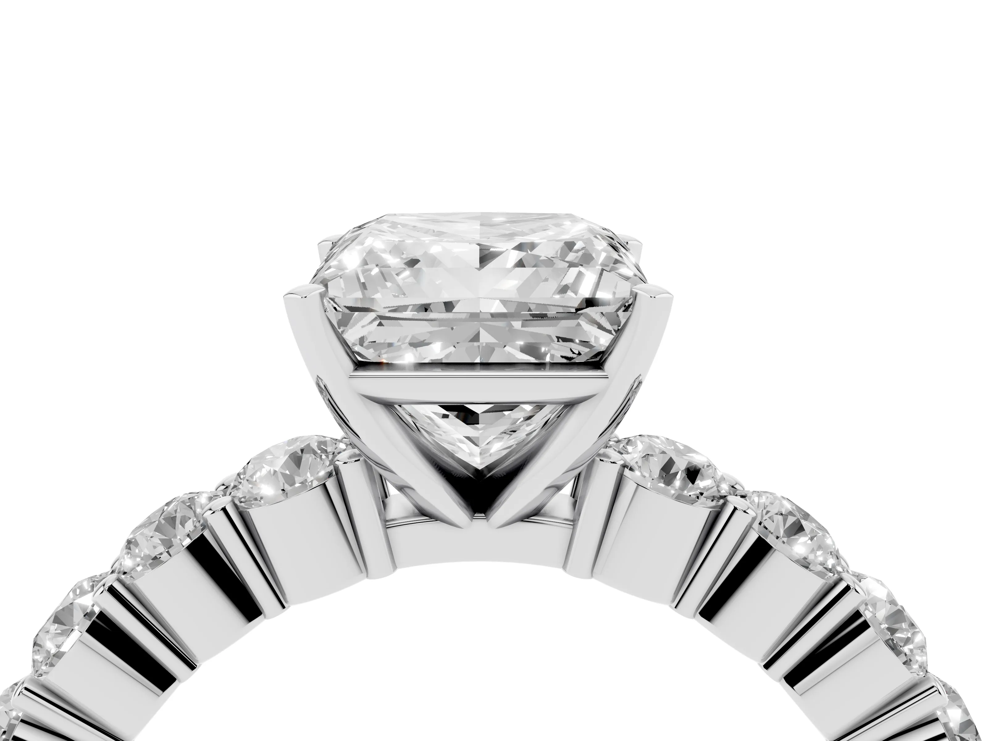 Princess Cut Diamond Solitaire Ring Set in Silver with Shared Prong Round Side Stones