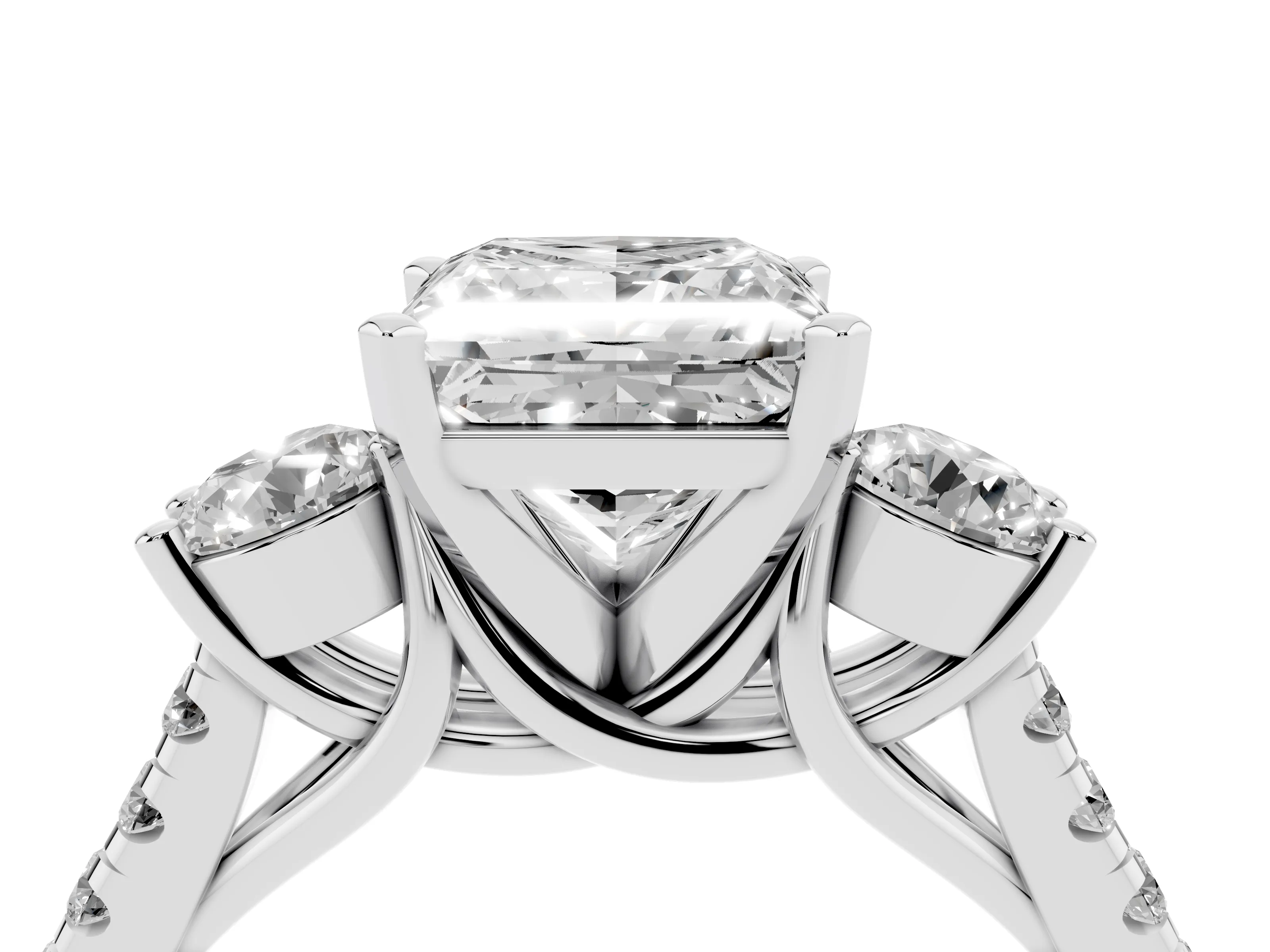 Three-Stone Princess Cut Diamond Pavé Band Ring Set in White gold with Prong-Set Trio