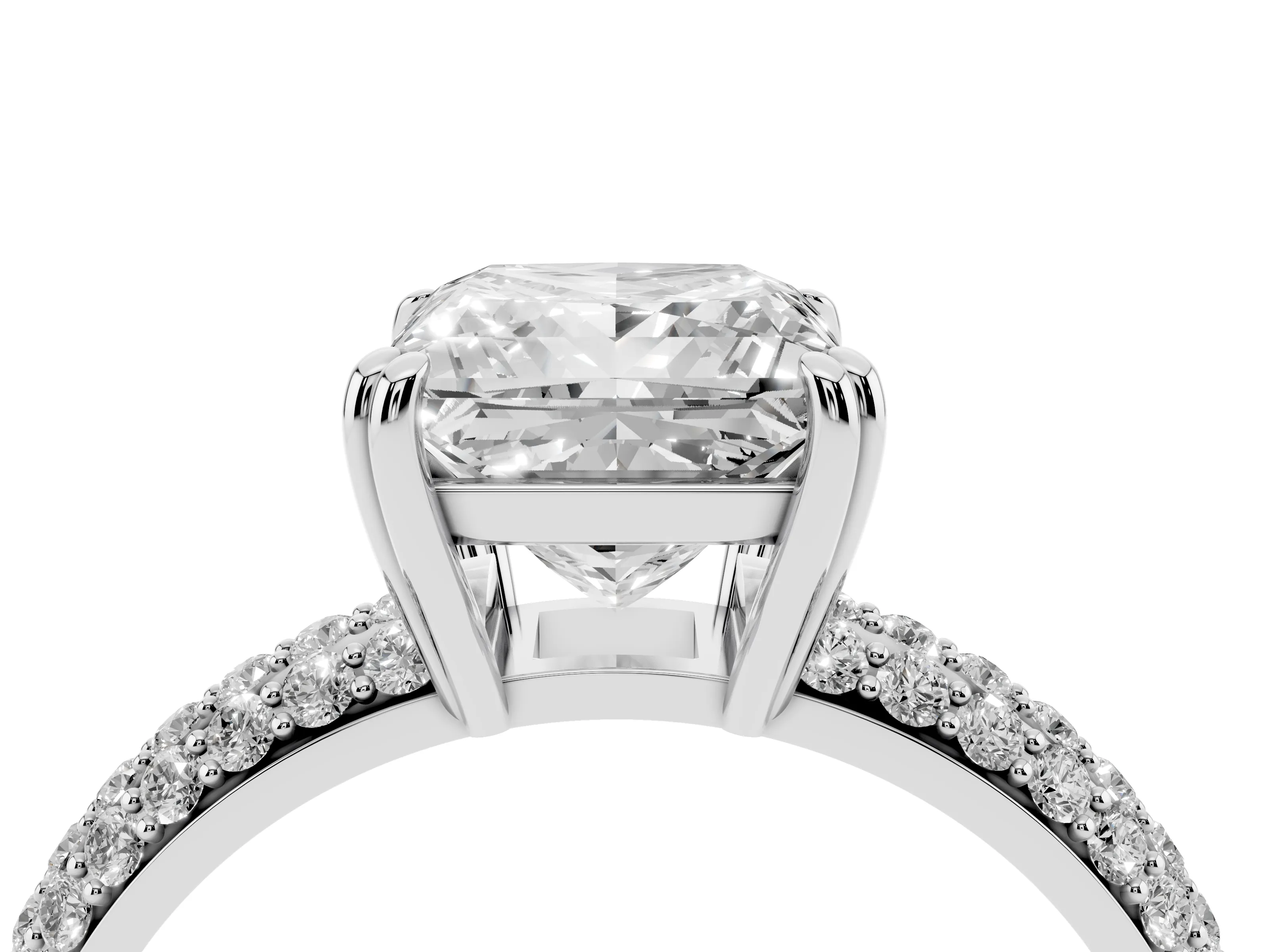 Princess Cut Diamond Solitaire Ring Set in White gold with Multi-Row Round Pavé Band and Prong Setting
