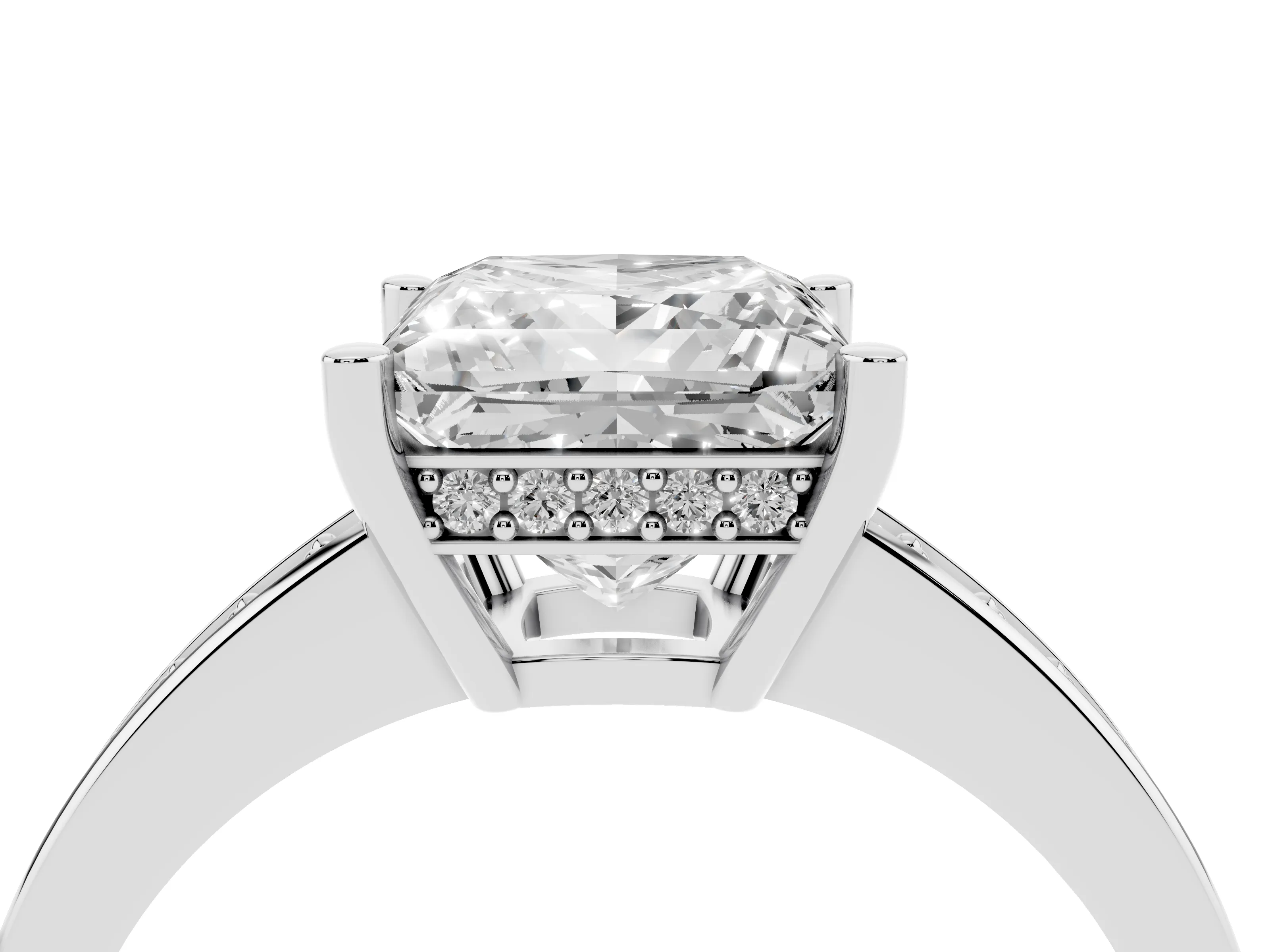 Princess Cut Diamond Pavé Band Prong Set Solitaire Ring Set in Silver