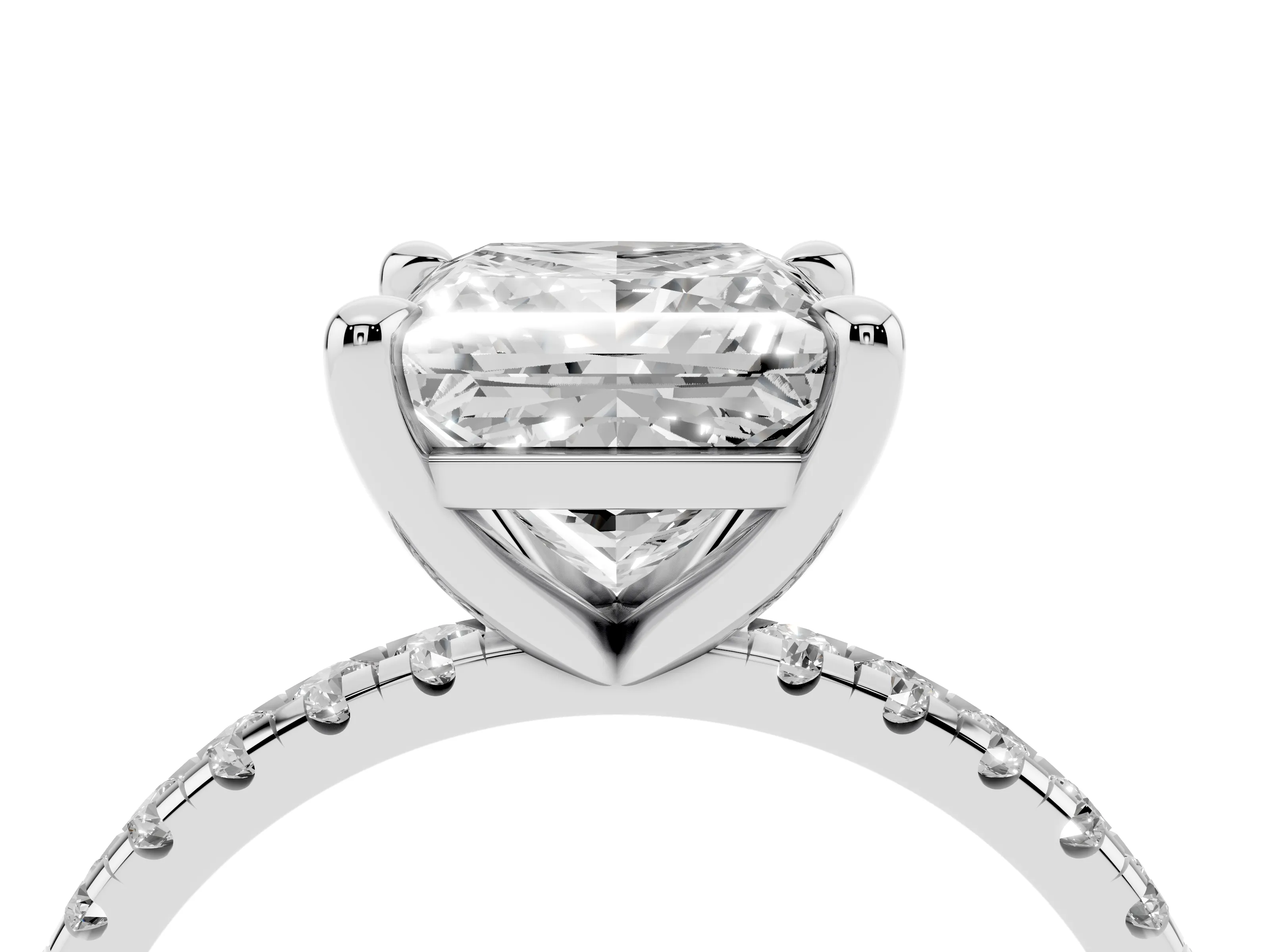 Princess Cut Diamond Brilliant Solitaire Ring Set in White gold with Pavé Band and Prong Setting