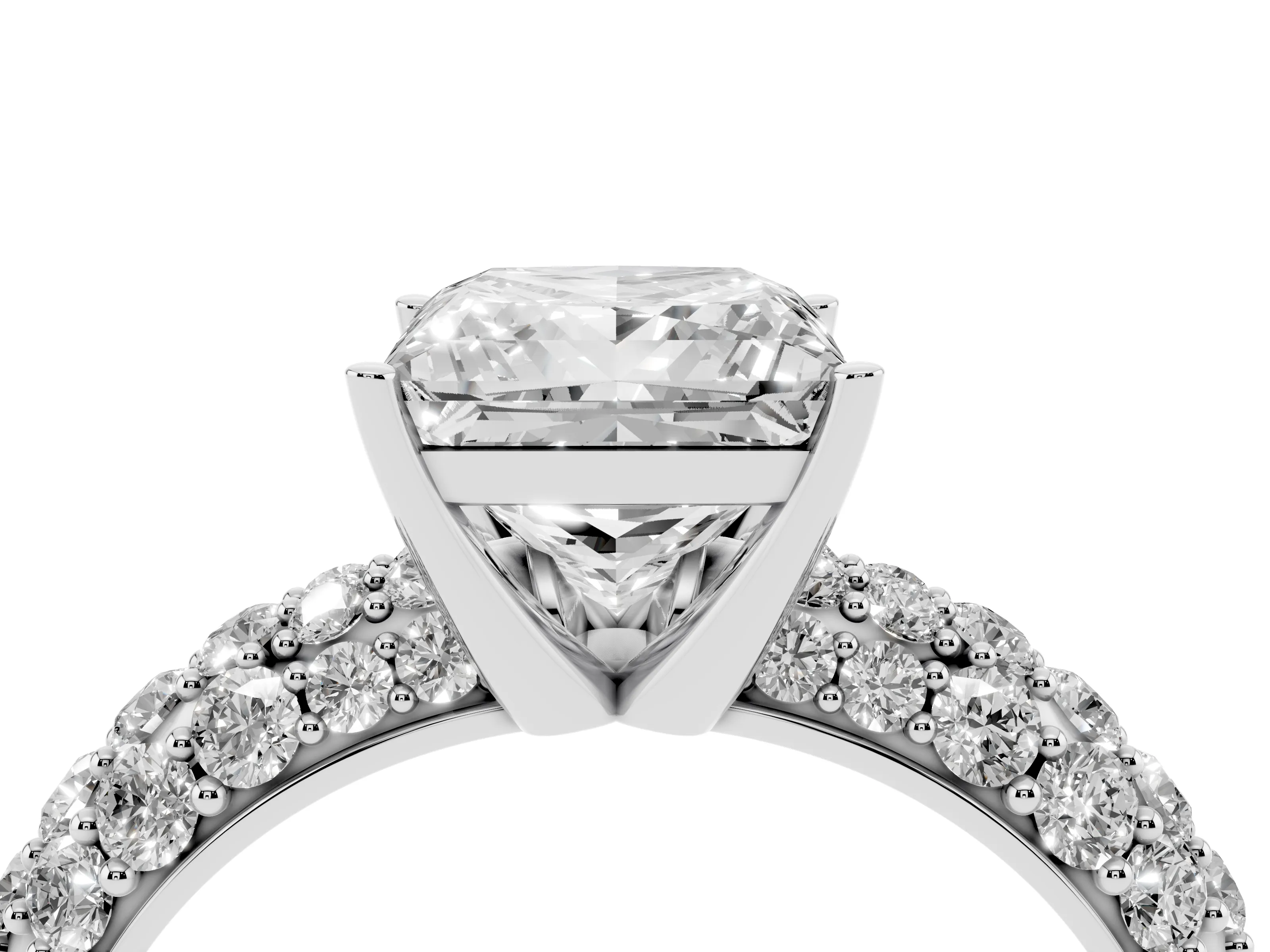 Princess Cut Diamond Pavé Band Solitaire Ring Set in White gold with Close-Set Accent Stones and Prong Setting