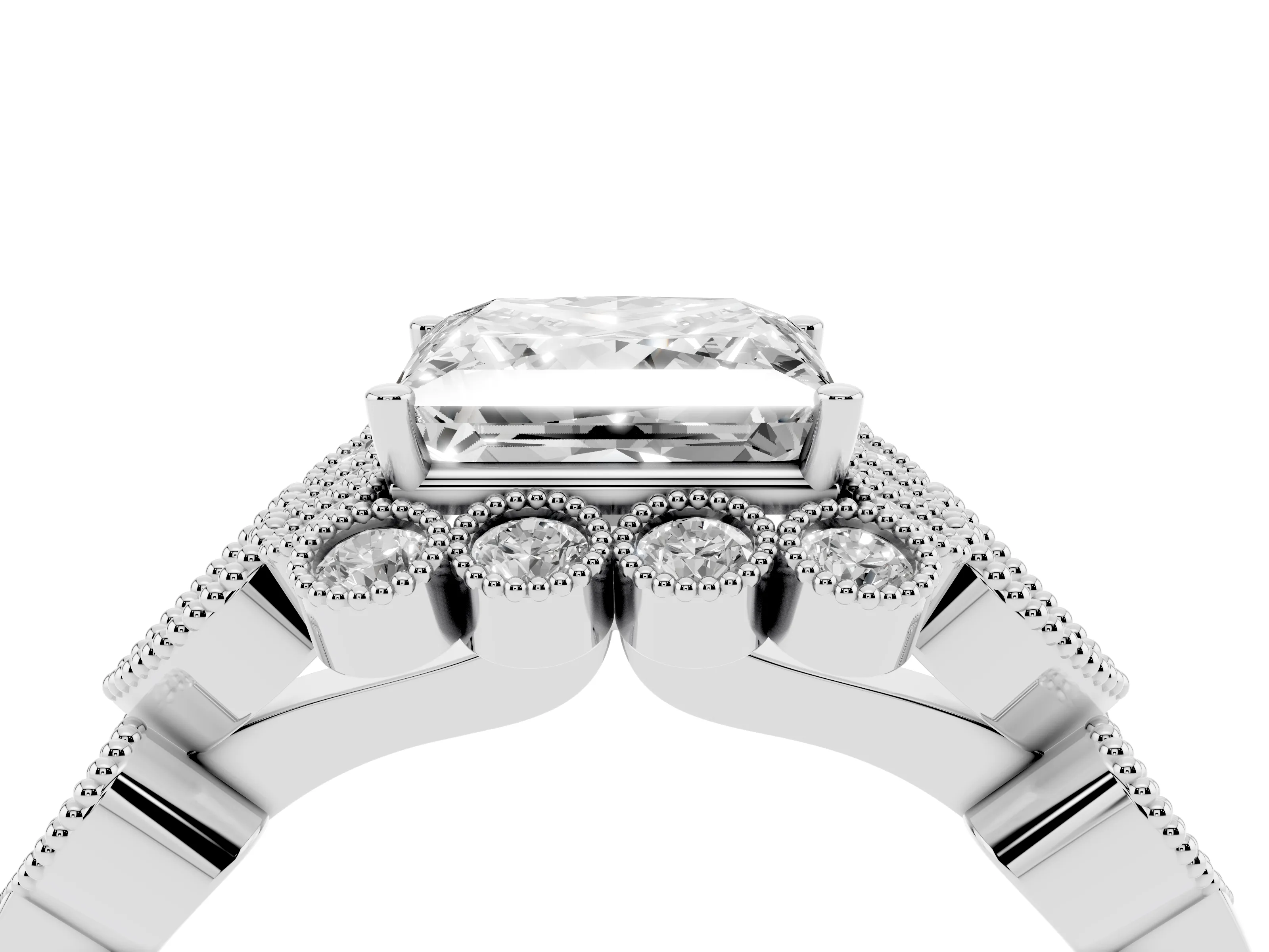 Princess Cut Diamond Solitaire Ring Set in White gold with Milgrain Pavé Heart Band
