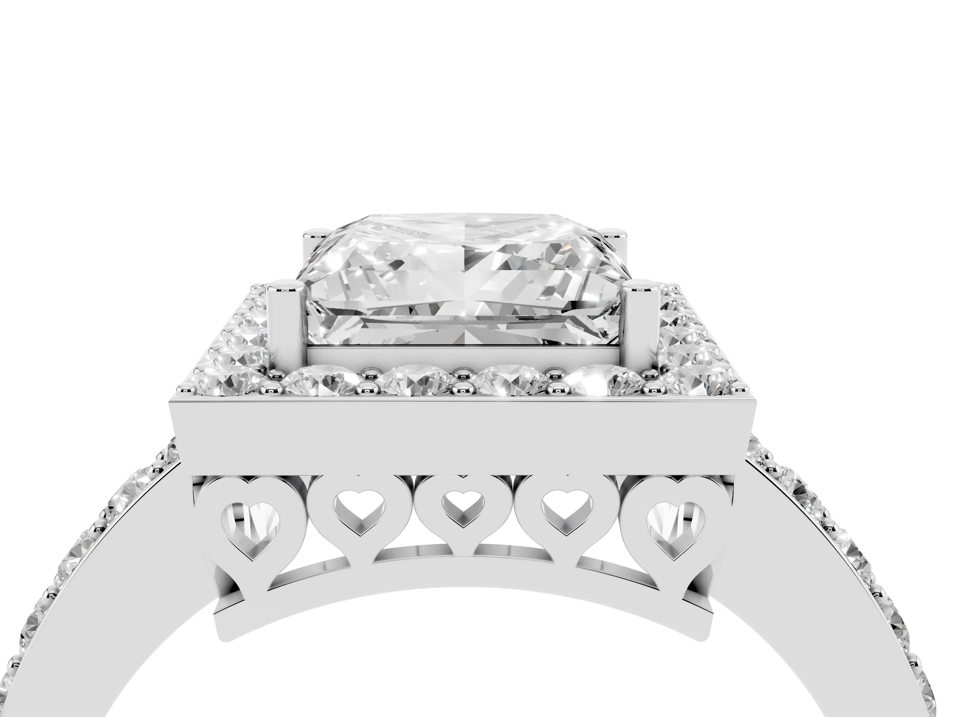 Princess Cut Diamond Halo Ring Set in White gold with Pavé-Setting Band and Open Prong Center