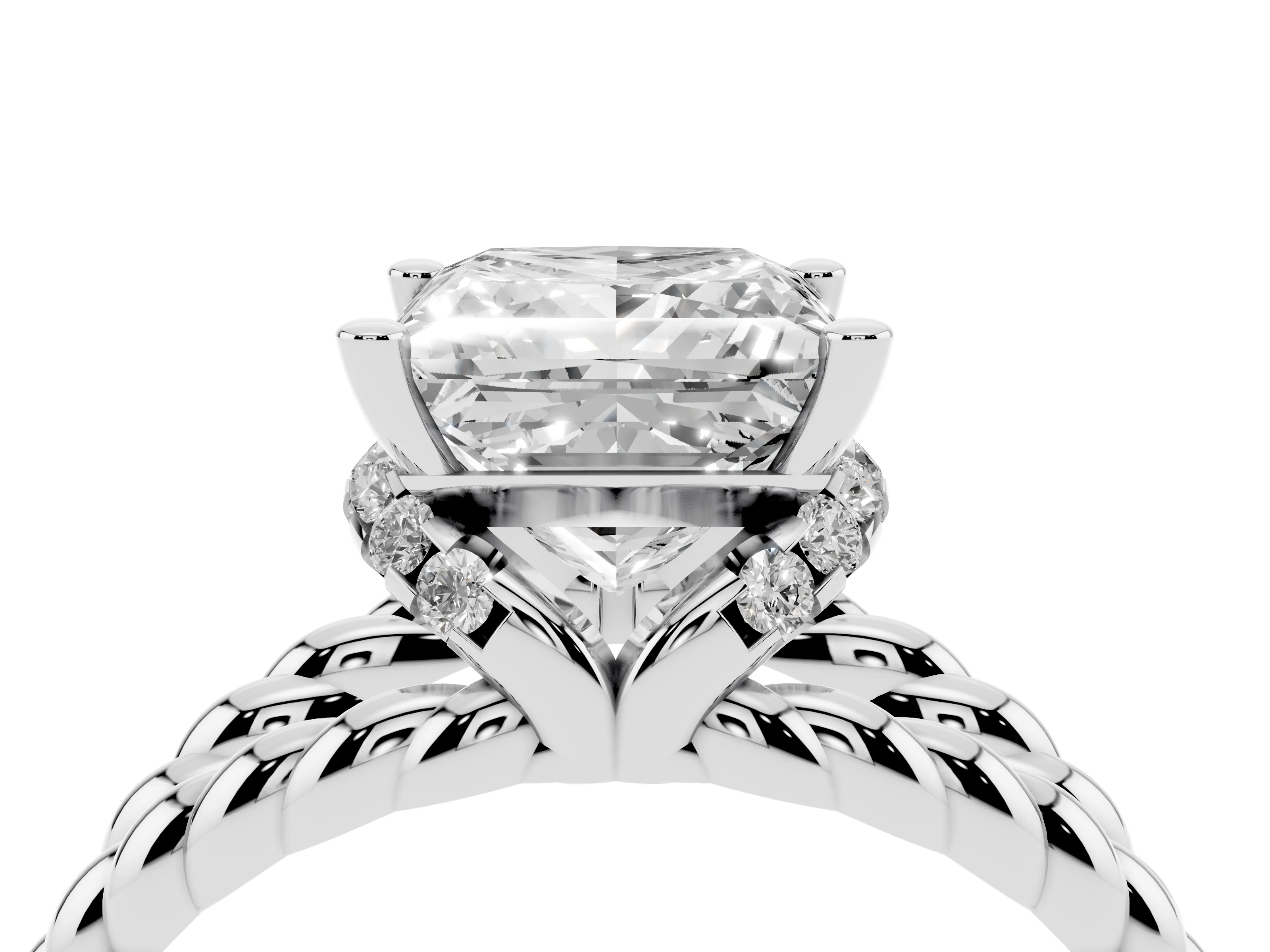 Princess Cut Diamond Halo Ring Set in White gold with Twisted Band and Prong Setting