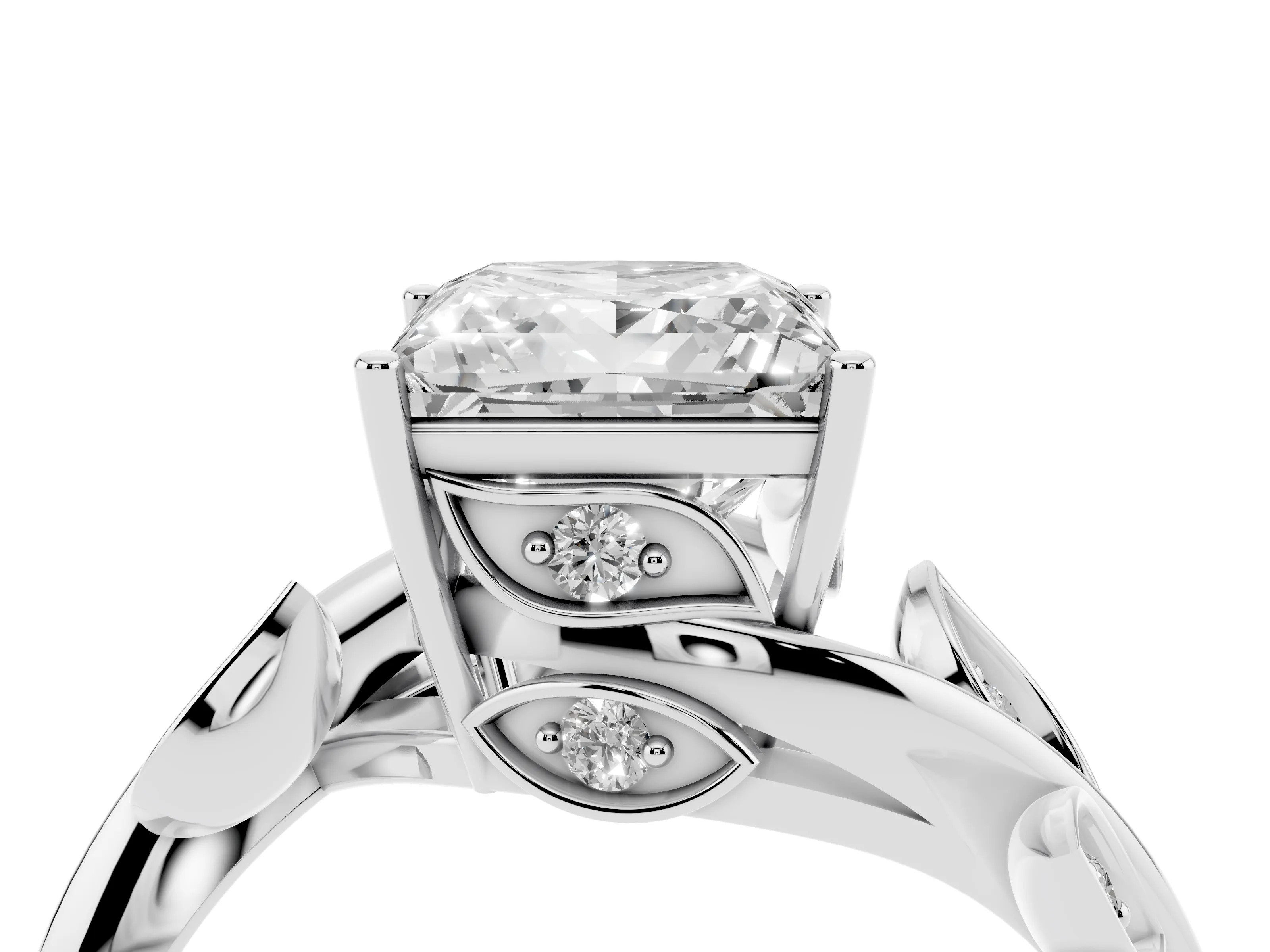 Princess Cut Diamond Solitaire Twist Engagement Ring Set in Silver with Pavé Leaf Accents