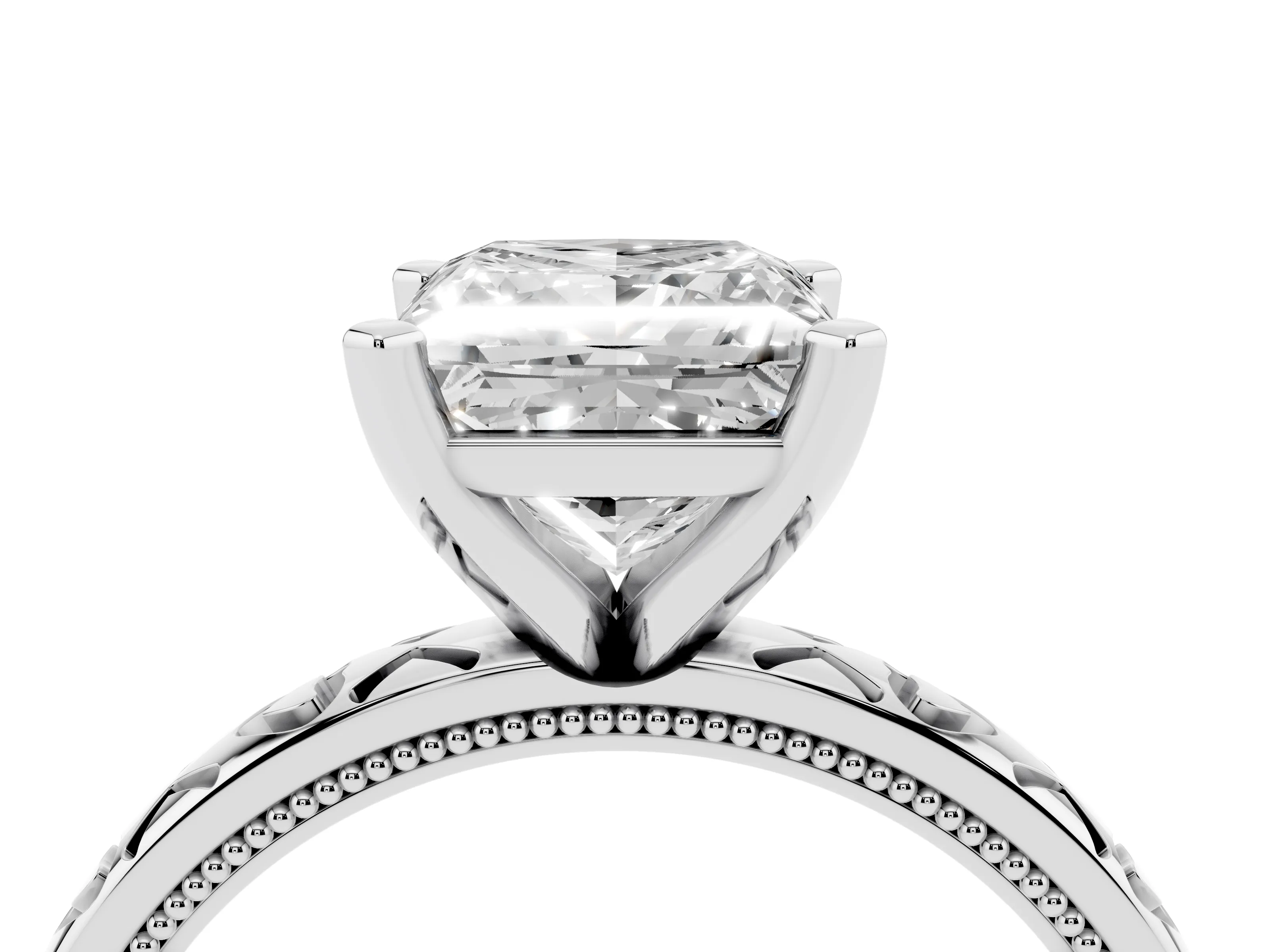 Princess Cut Diamond Solitaire Engagement Ring Set in White gold with XO Engraved Band and Prong Setting