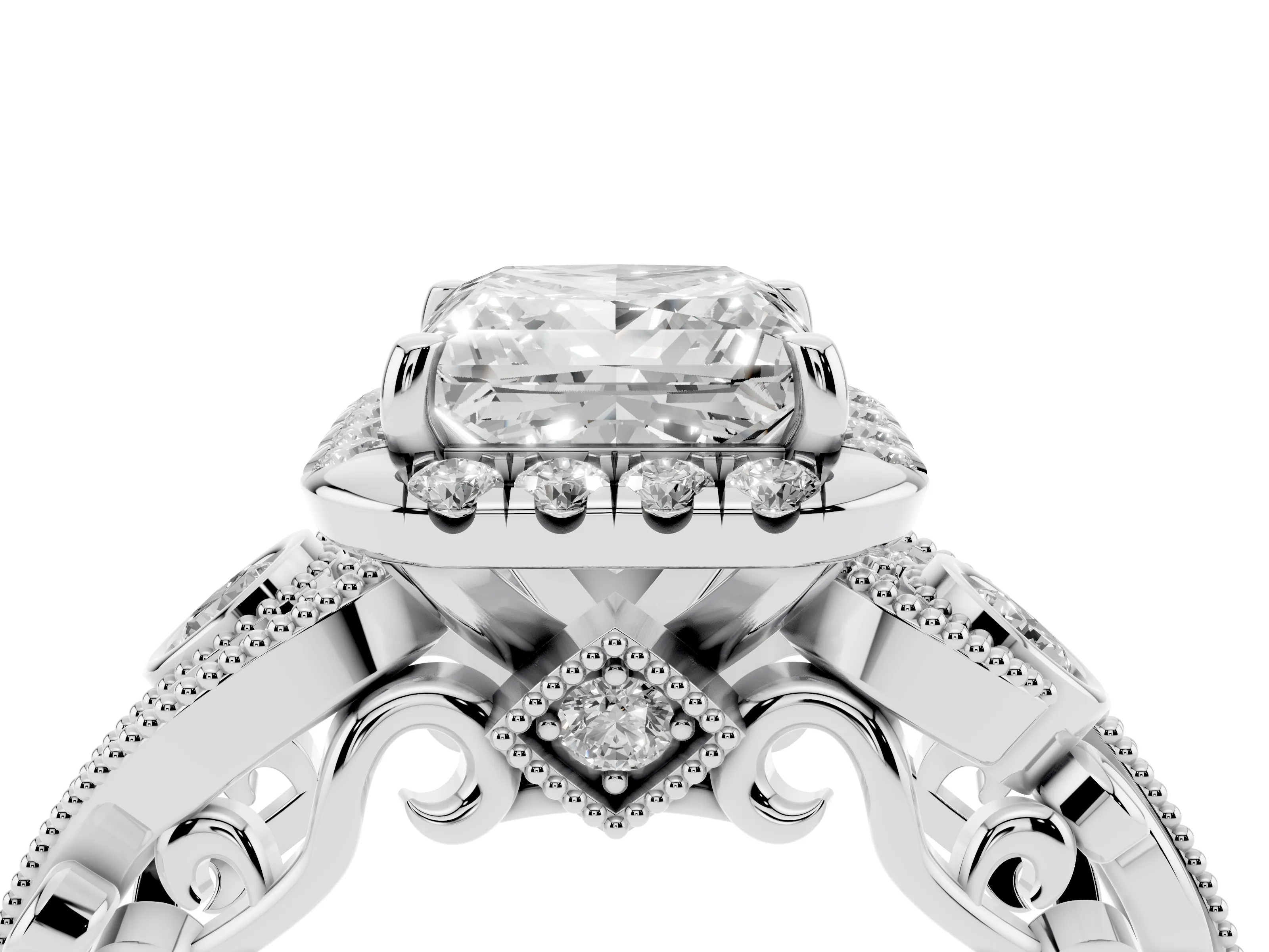 Princess Cut Diamond Halo Split Shank Ring Set in Silver with Milgrain and Bezel Accents