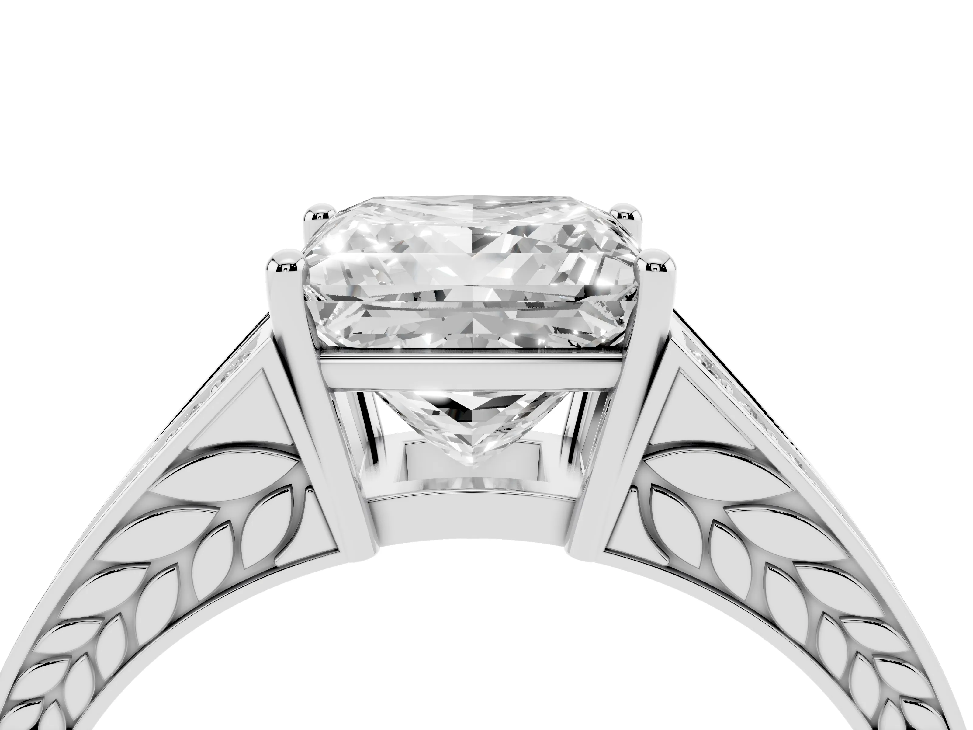 Princess Cut Diamond Split Shank Ring Set in Platinum with Pavé Band and Prong Setting