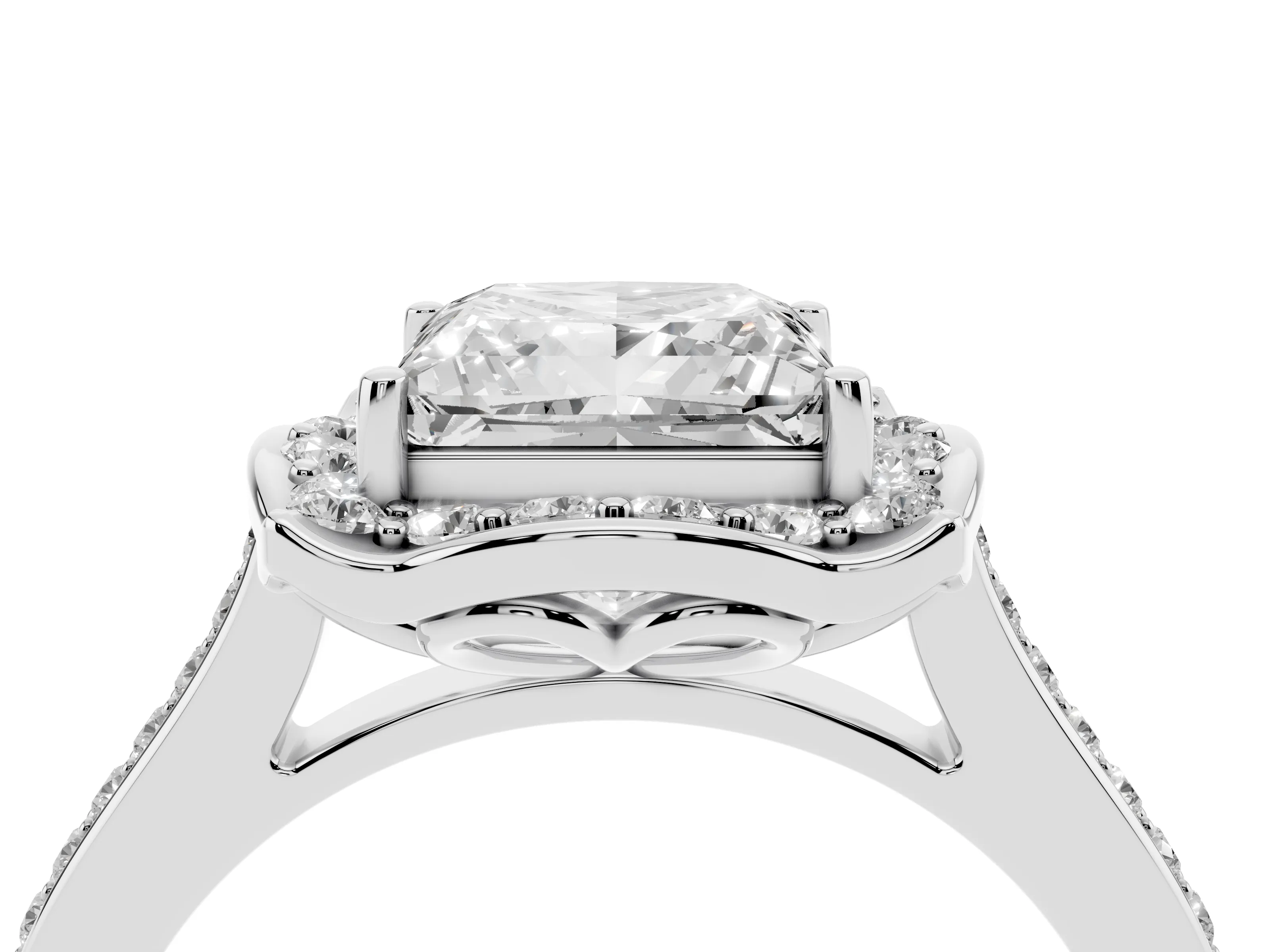 Princess Cut Diamond Halo Ring Set in Silver with Pavé-Lined Shoulders and Prong Setting
