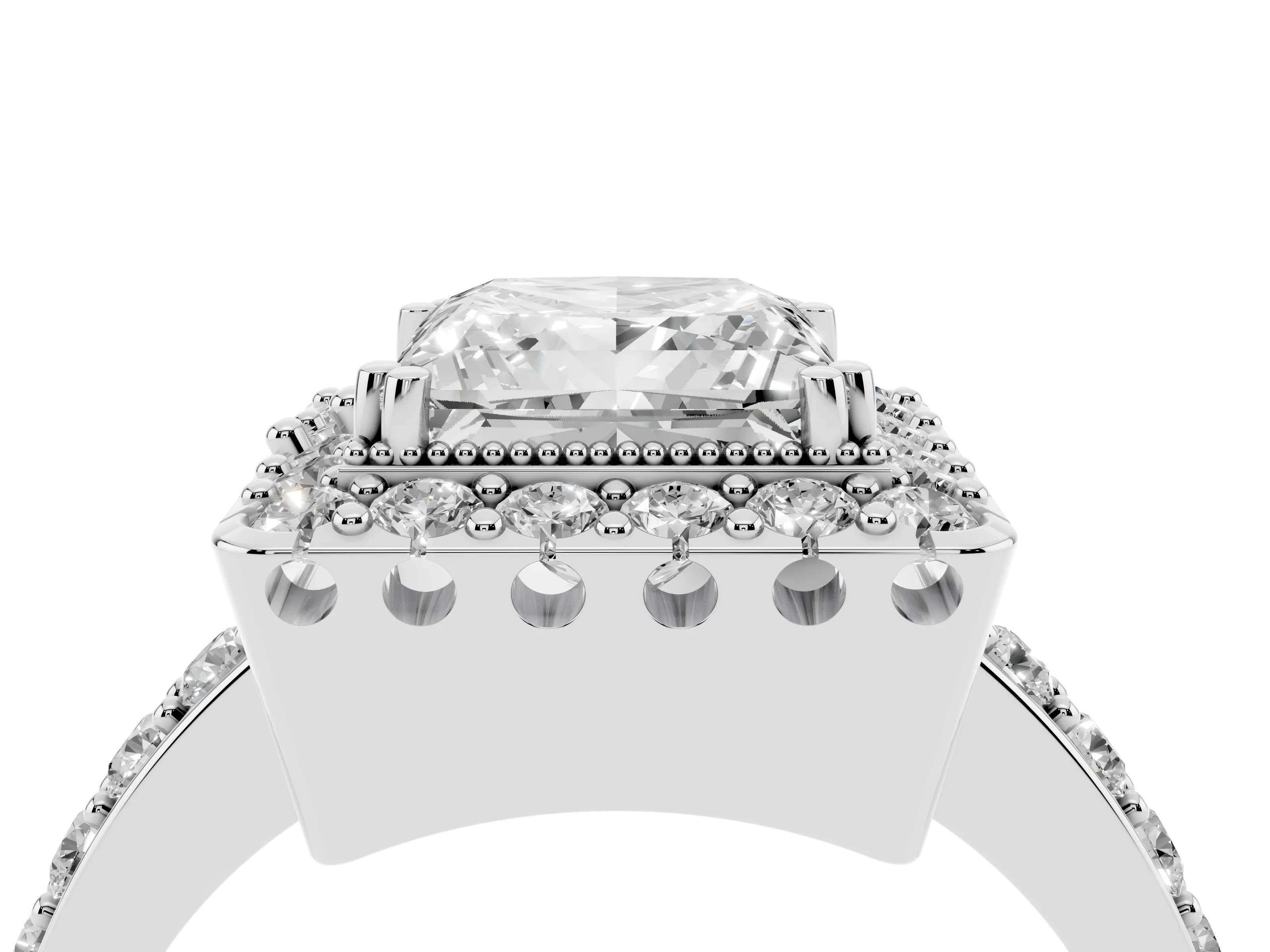 Princess Cut Diamond Halo Ring Set in Silver with Pavé Shank and Prong Setting
