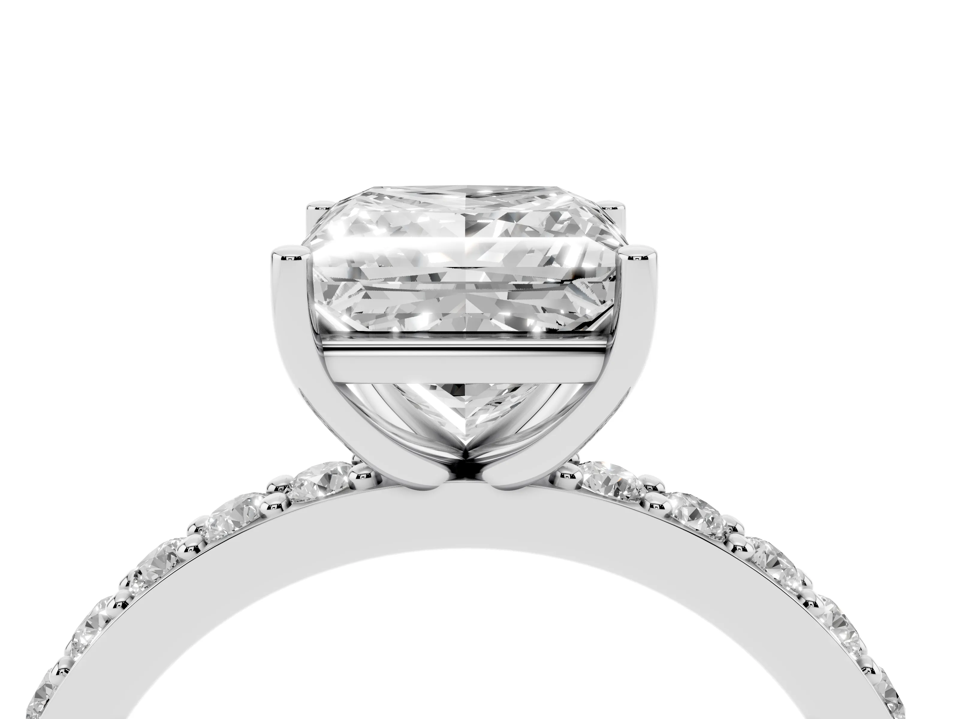 Princess Cut Diamond Solitaire Set in Platinum with Round Pavé Band and Prong Setting