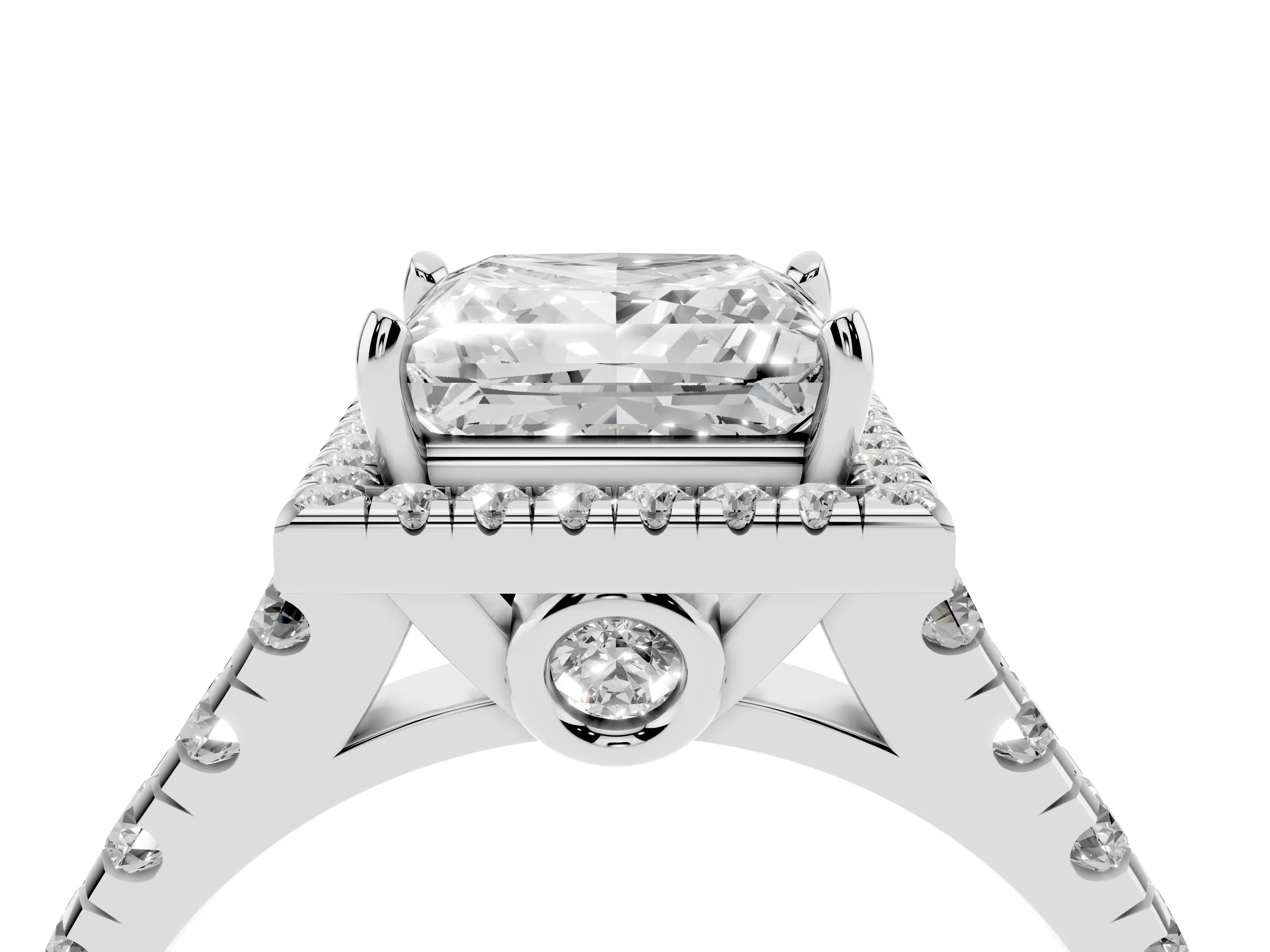 Princess Cut Diamond Halo Engagement Ring Set in White gold with Pavé Band and Prong-Set Center