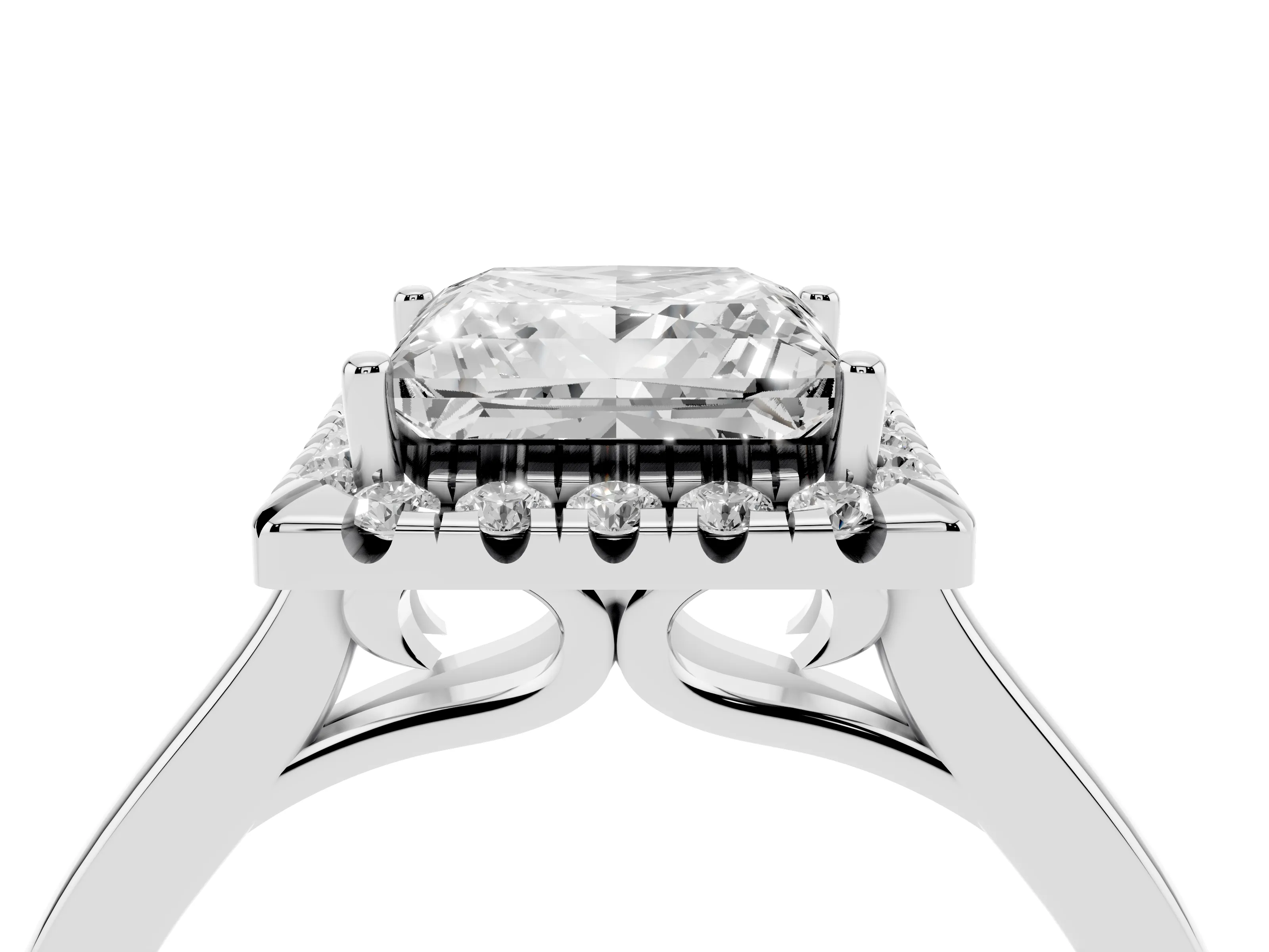 Princess Cut Halo Round Diamond Solitaire Ring Set in White gold with Pavé Band and Prong Setting