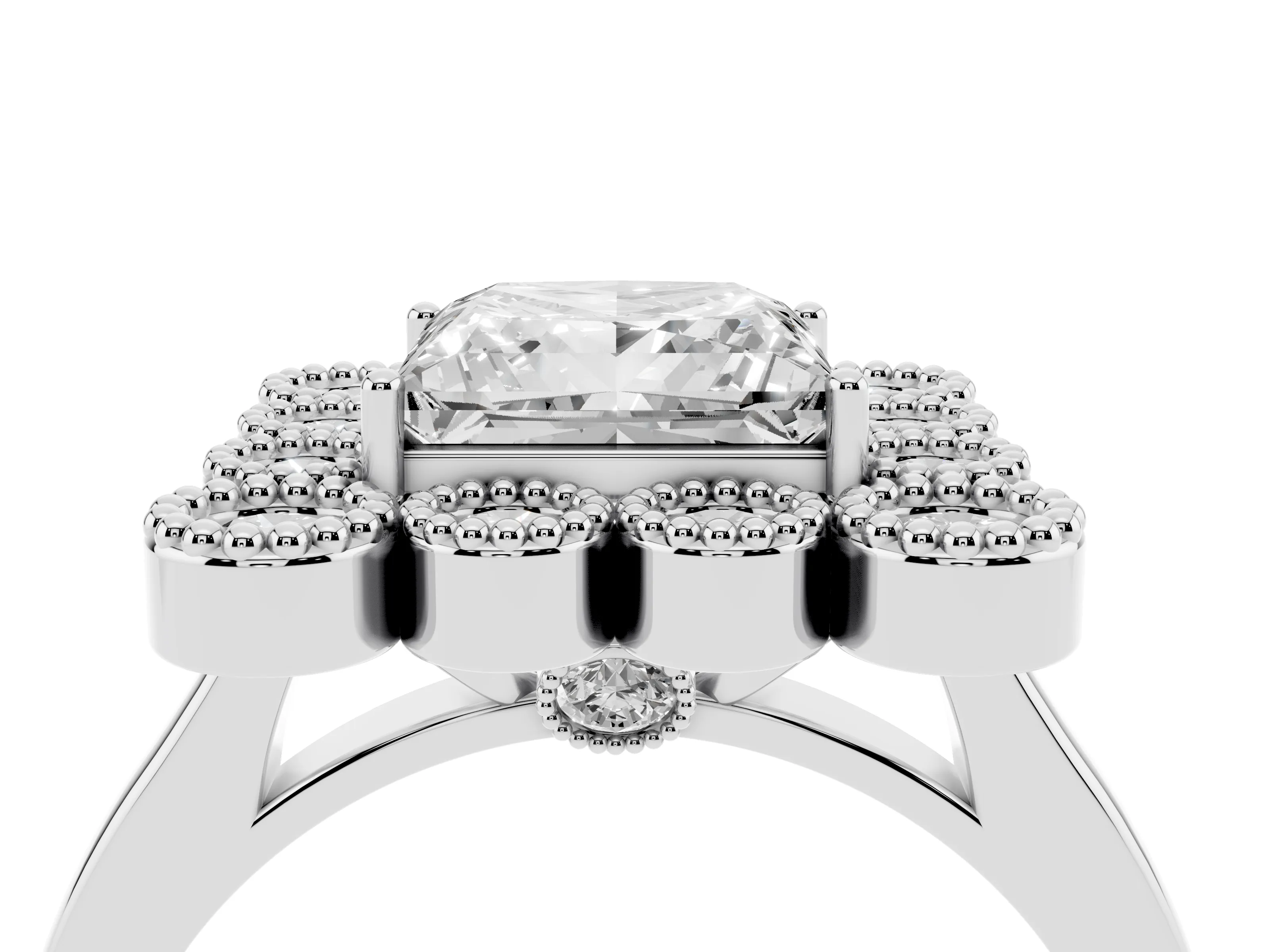 Princess Cut Diamond Cluster Halo Ring Set in White gold with Milgrain Bezel Accents and Plain Band