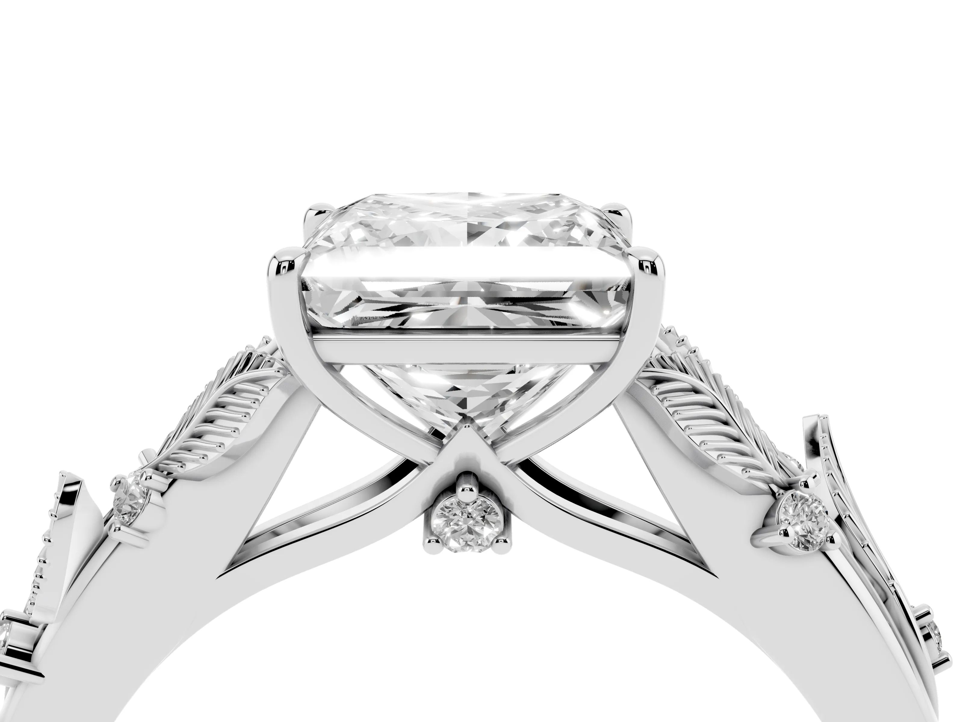 Princess Cut Diamond Solitaire Ring Set in White gold with Leaf Motif Band