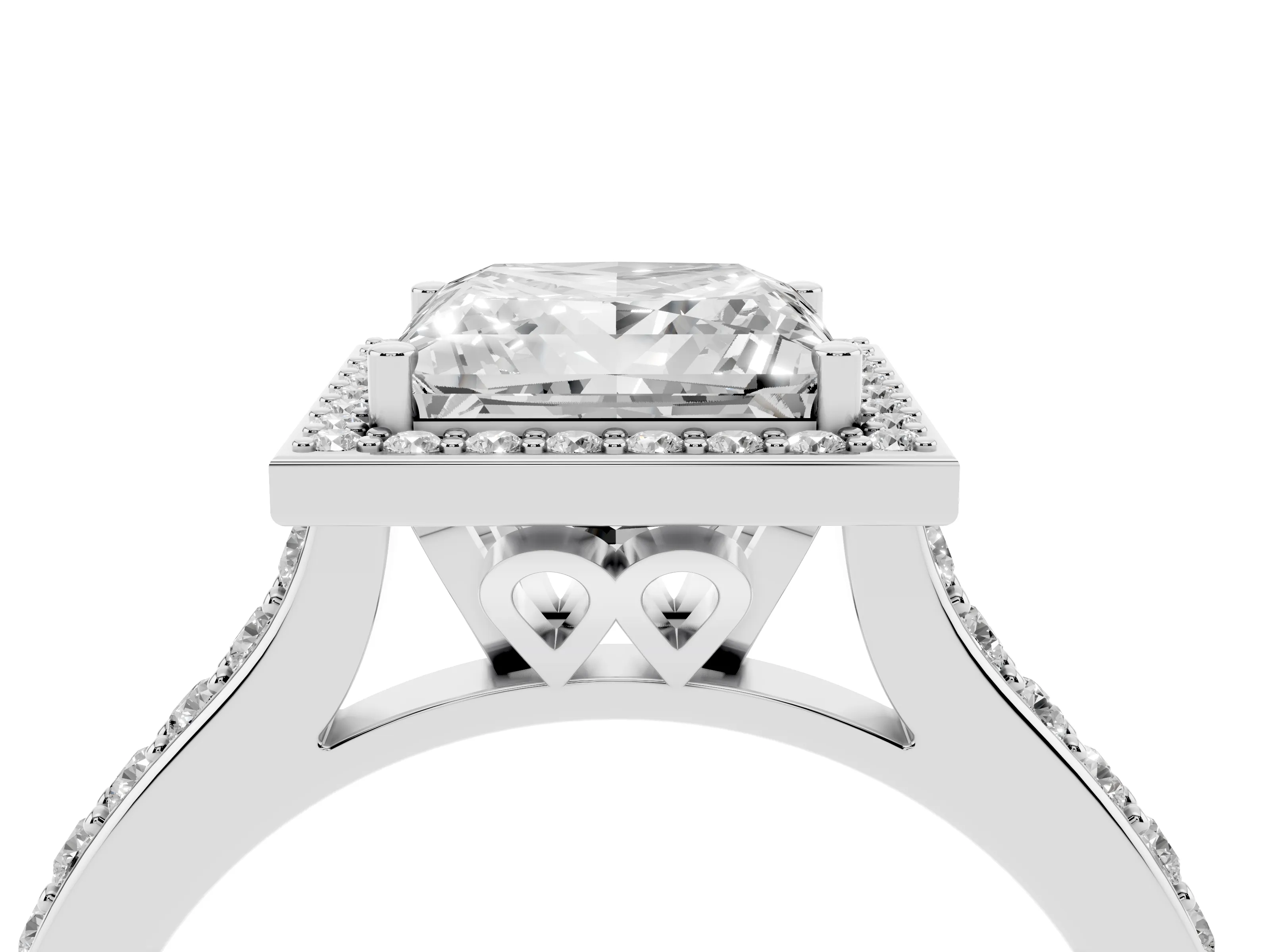 Princess Cut Diamond Halo Engagement Ring Set in White gold with Round Pavé Shoulders and Heart Gallery