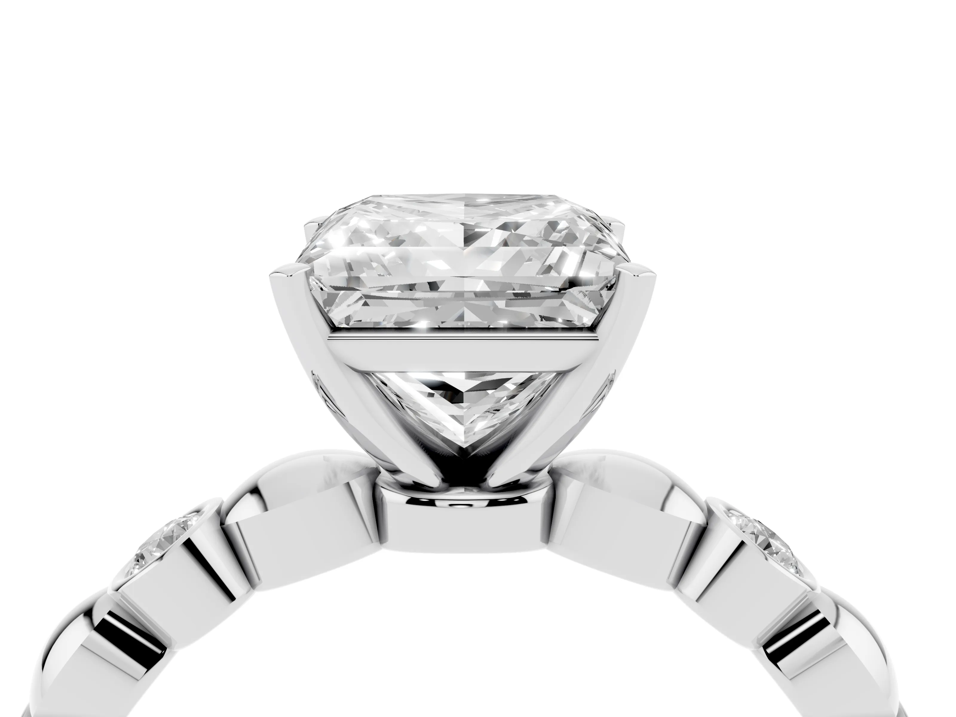 Princess Cut Diamond Solitaire Ring Set in White gold with Bezel-Set Accents on Beaded Band and Prong Setting