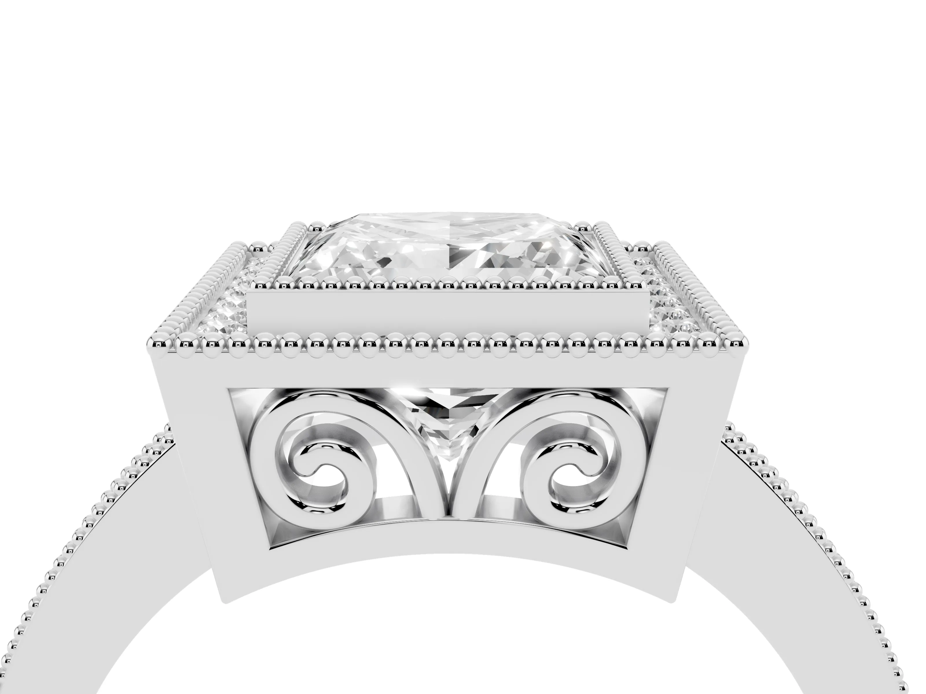 Princess Cut Diamond Halo Ring Set in Platinum with Pavé Band and Milgrain-Edged Prongs