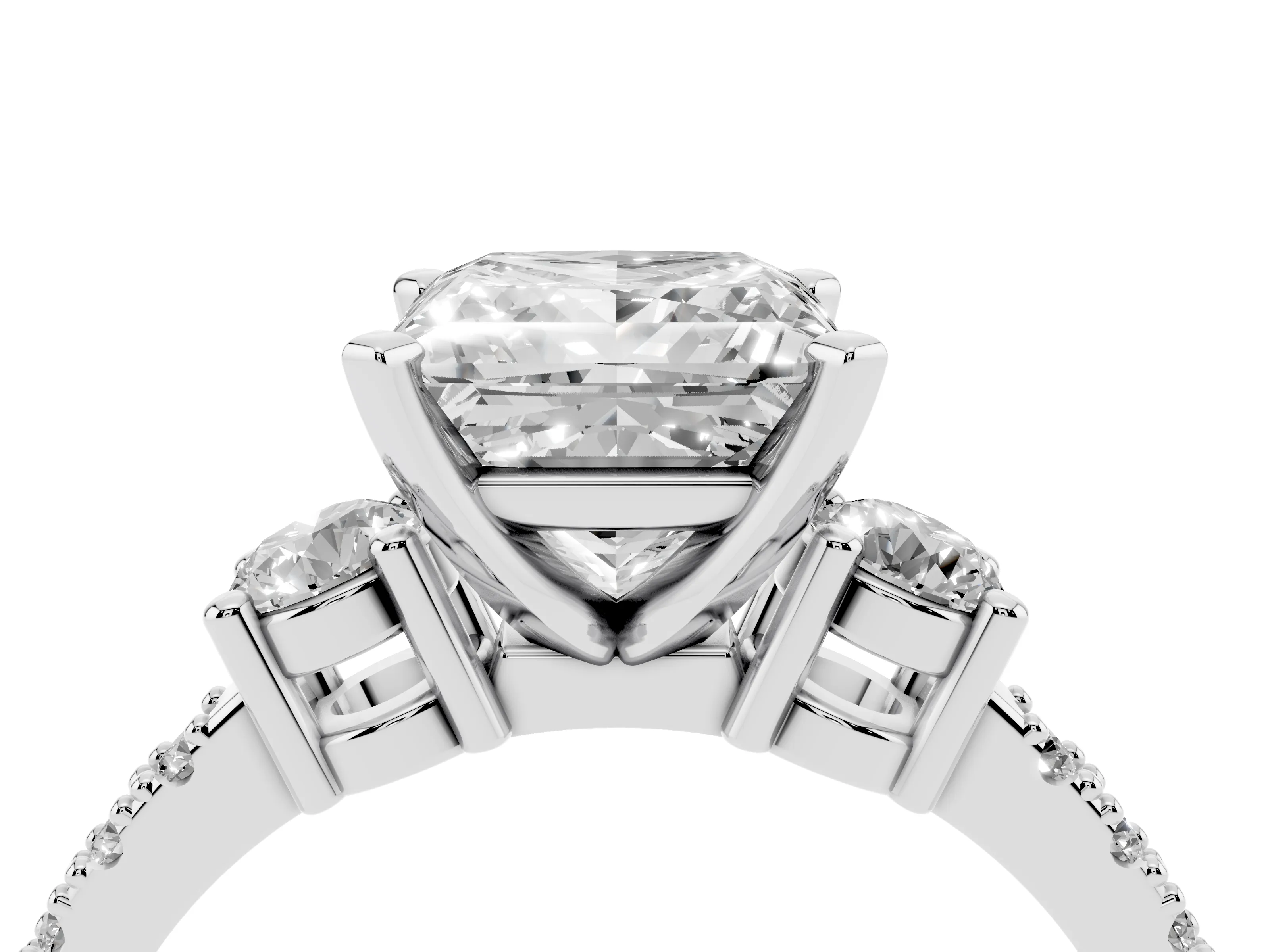 Three-Stone Princess Cut Diamond Pavé Band Ring Set in Silver with Prong Setting