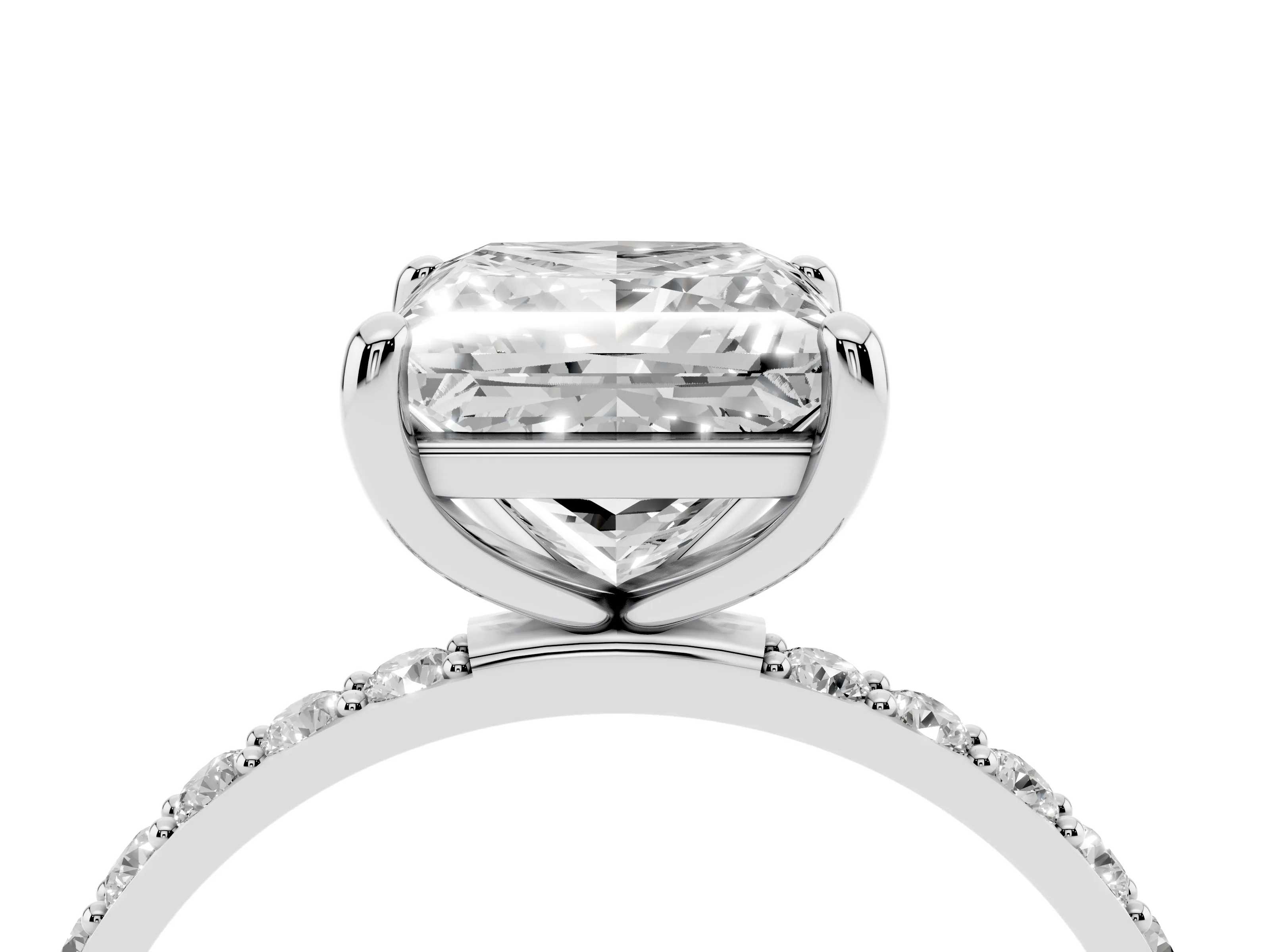 Princess Cut Diamond Solitaire Ring Set in White gold with Round Pavé Band and Prong Setting