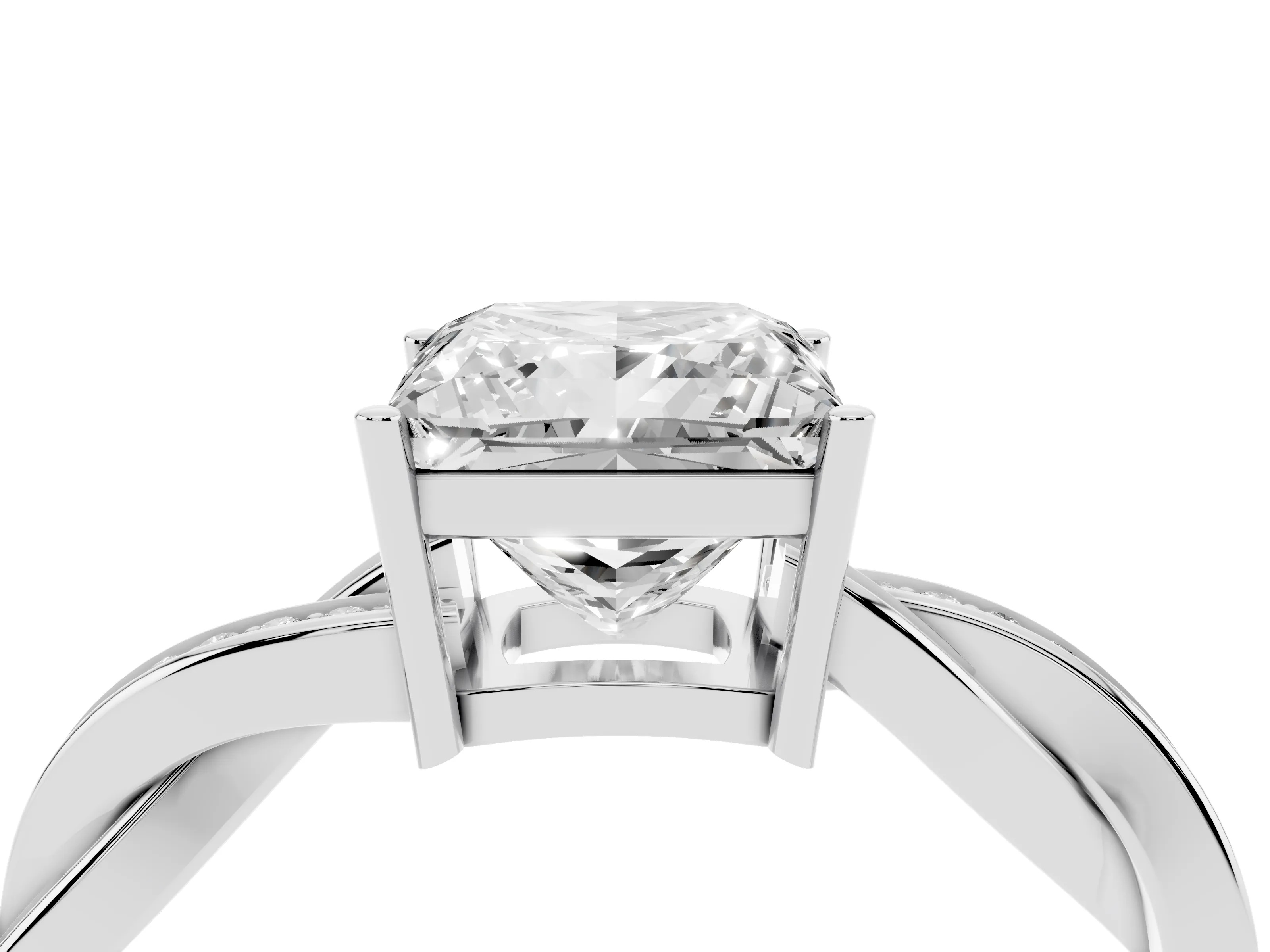 Princess Cut Diamond Solitaire Twisted Pavé Ring Set in White gold with Prong Setting