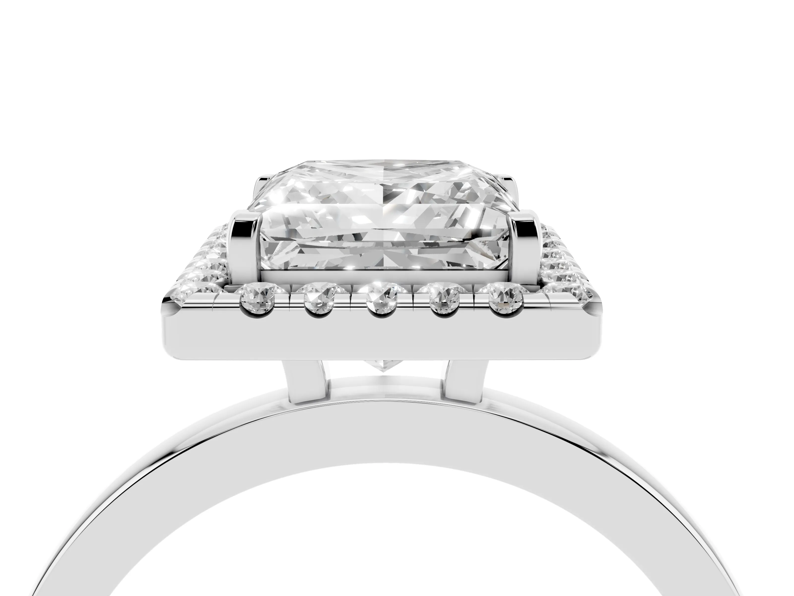 Princess Cut Diamond Halo Solitaire Ring Set in Platinum with Pavé Band and Prong Setting