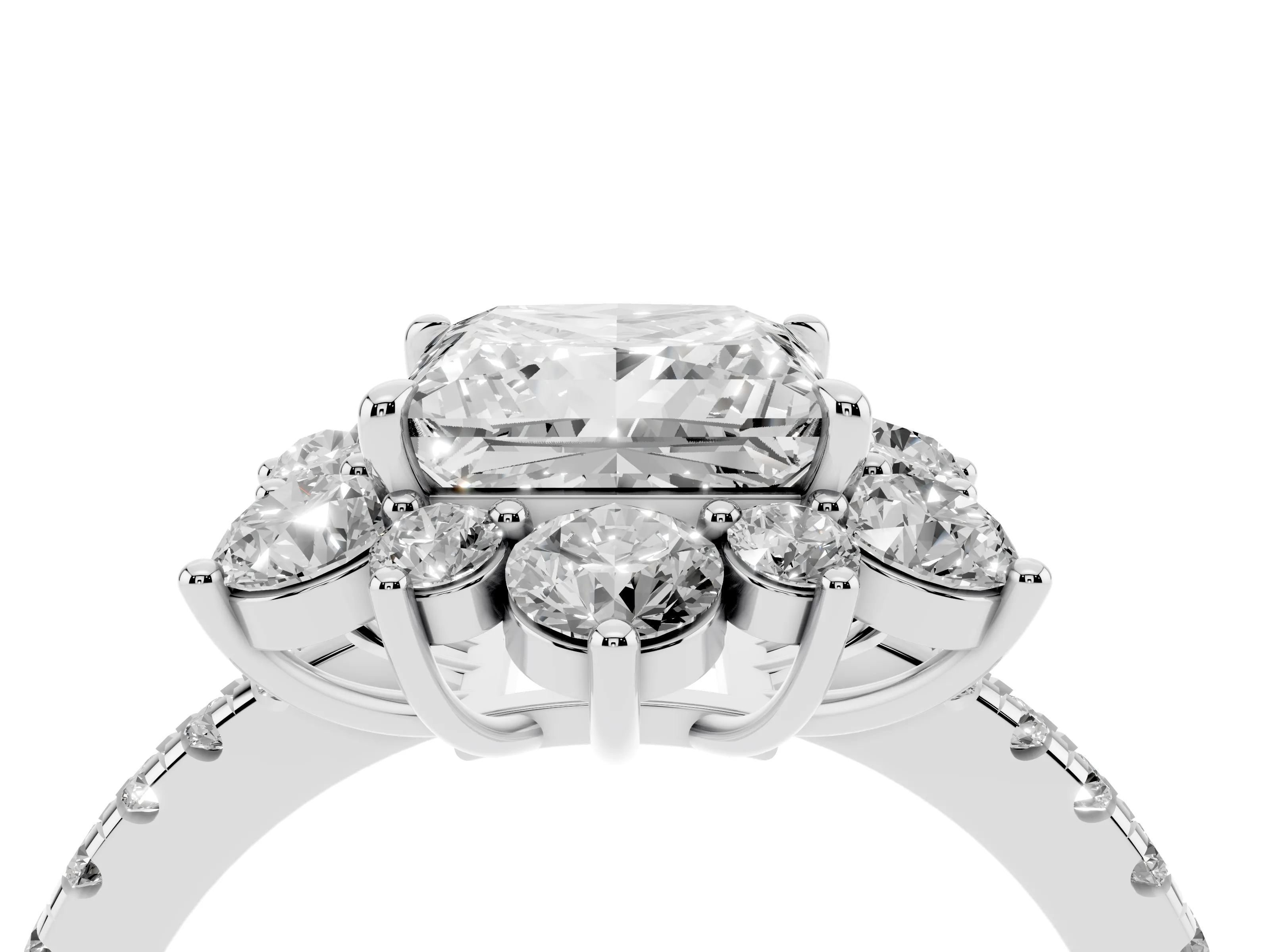 Princess Cut Diamond Floral Halo Ring Set in White gold with Round Pavé Band and Prong Setting
