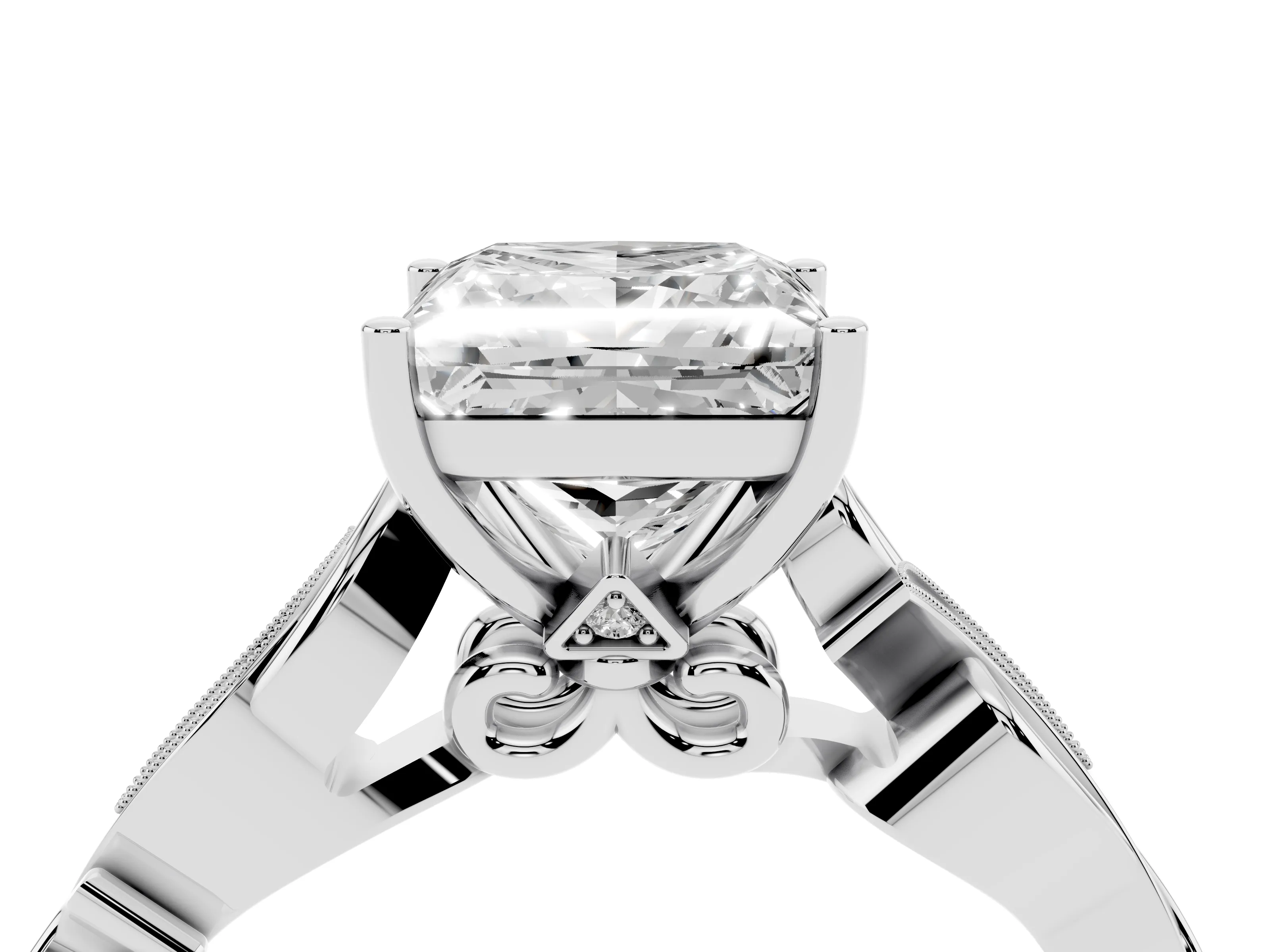 Princess Cut Diamond Vine Band Solitaire Ring Set in Silver with Milgrain Prong Setting