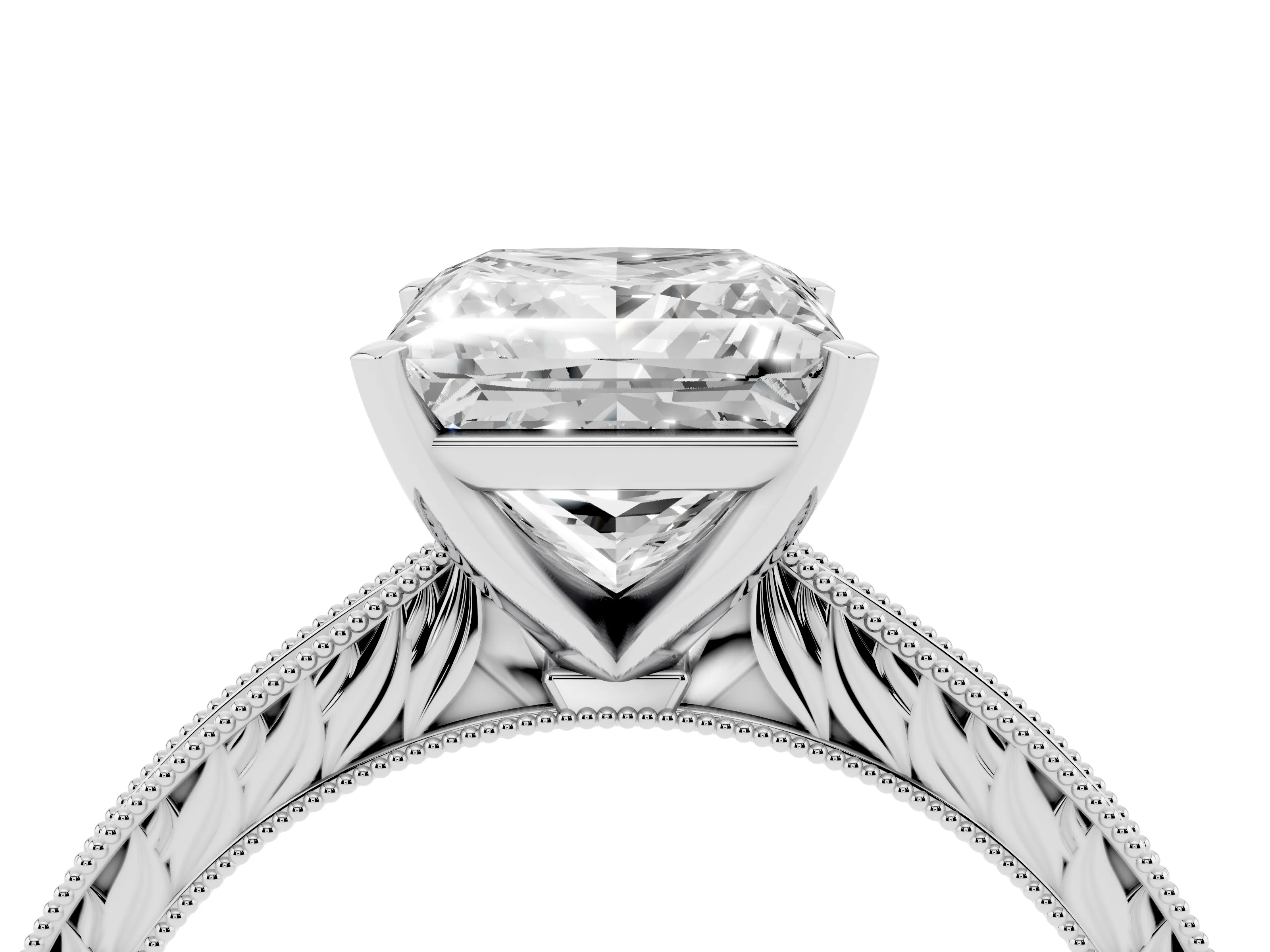 Princess Cut Diamond Solitaire Milgrain Engraved Band Set in Platinum with Prong Setting