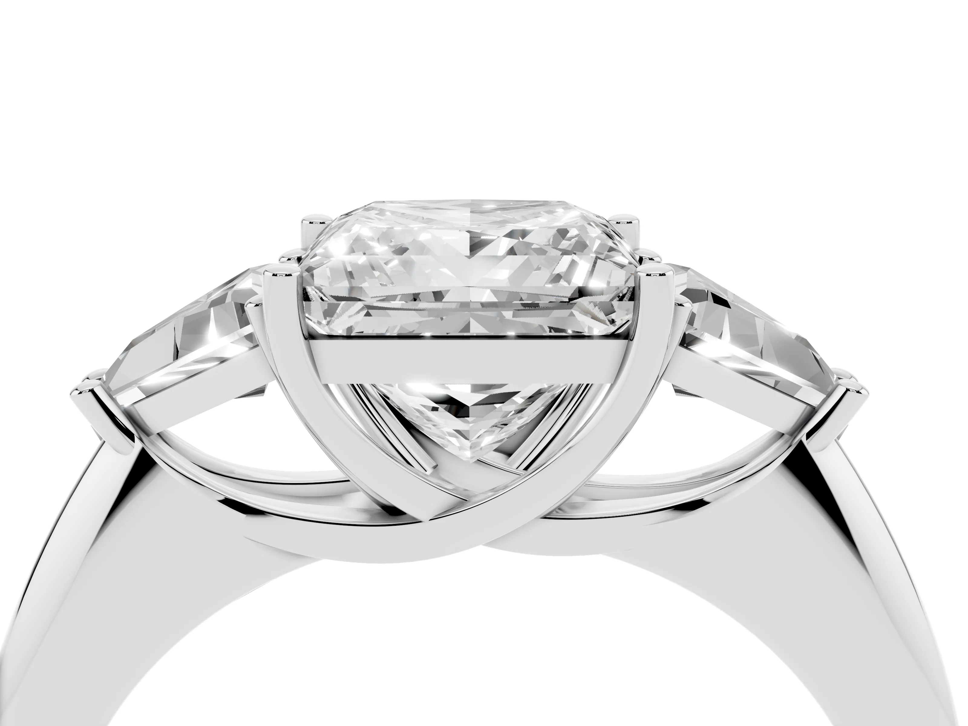 Princess Cut Diamond Three-Stone Engagement Ring Set in White gold with Trillion Side Stones