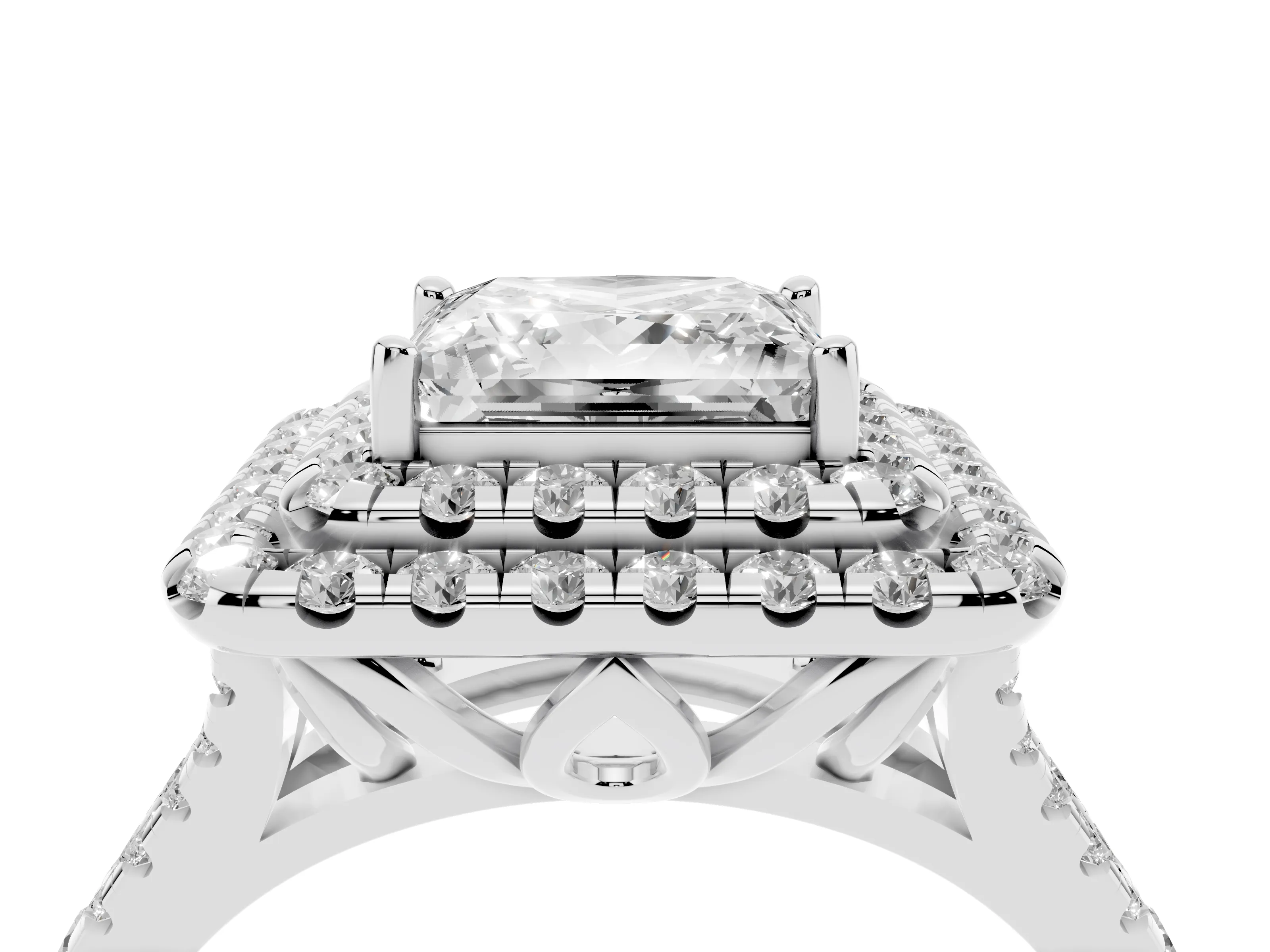 Princess Cut Diamond Double Halo Ring Set in Silver with Pavé Split Shank and Prong Setting