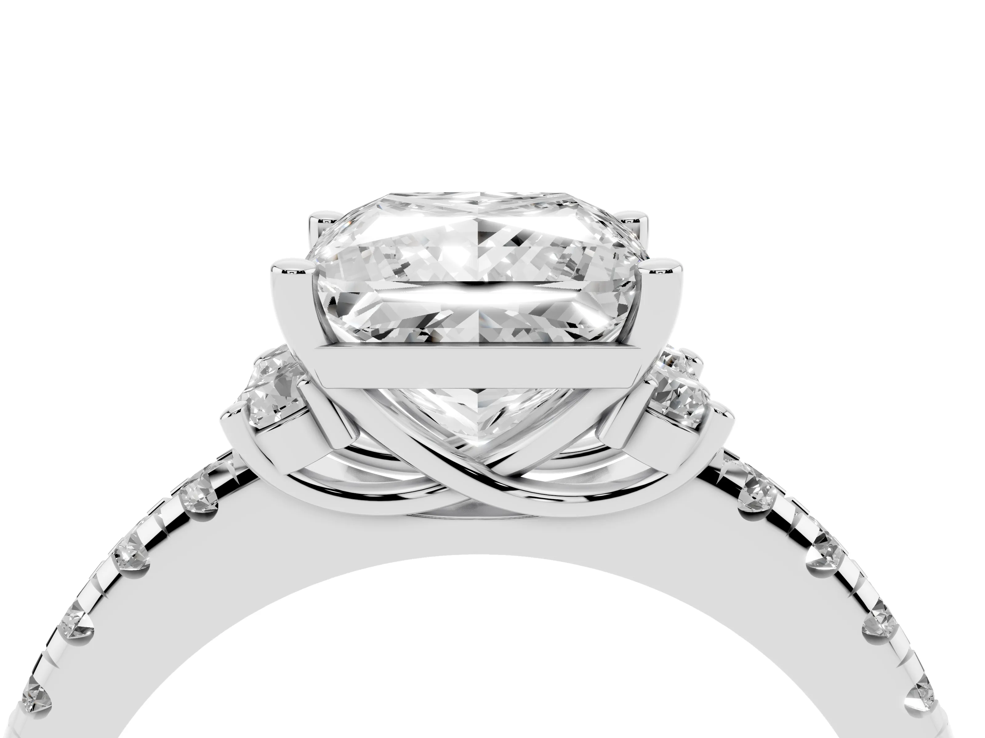 Princess Cut Diamond Three-Stone Pavé Ring Set in Silver with Prong Setting
