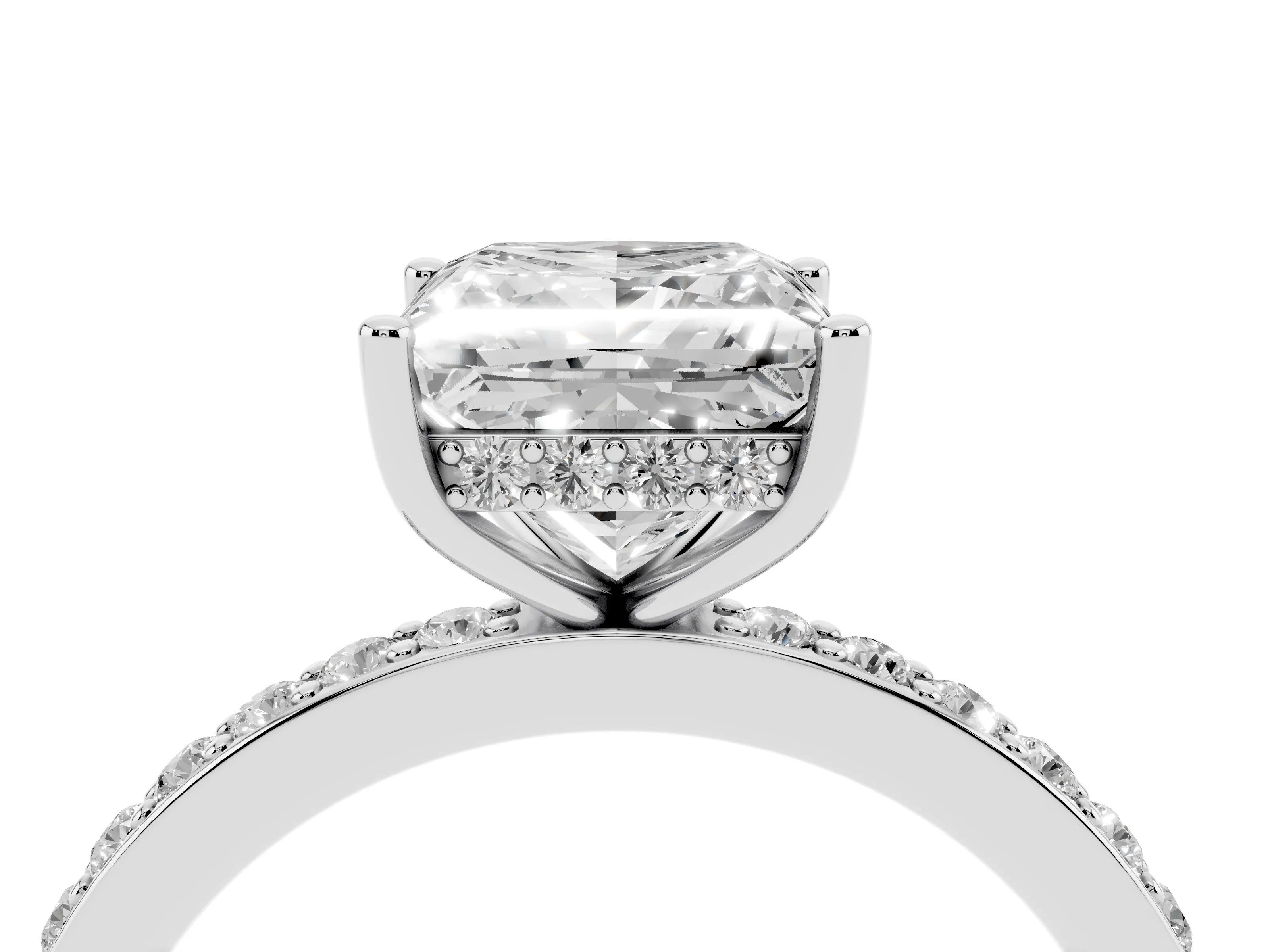 Princess Cut Diamond Pavé Band Ring Set in White gold with Prong-Set Center Stone