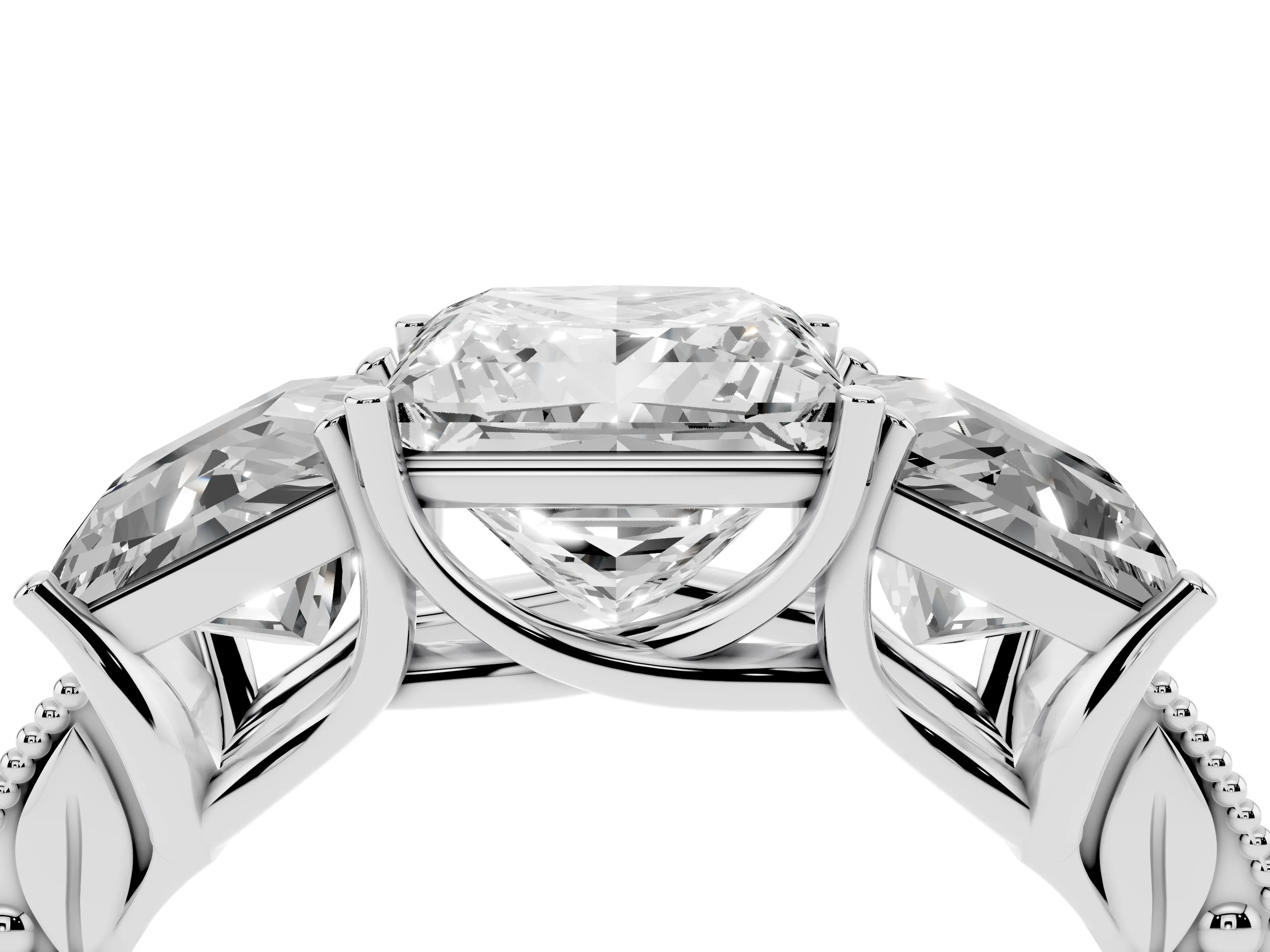 Princess Cut Diamond Three-Stone Engagement Ring Set in Platinum with Milgrain Pavé Band