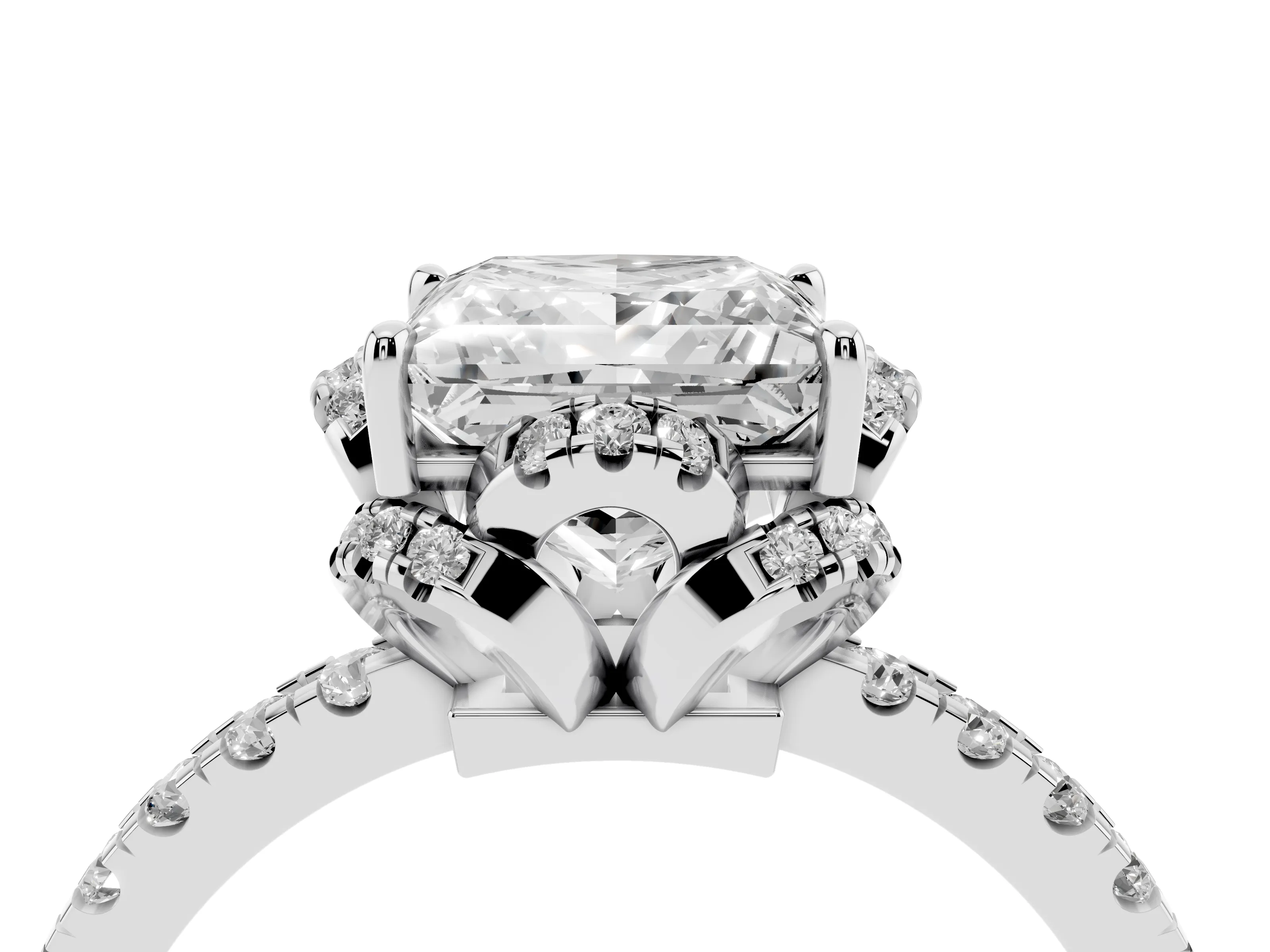 Princess Cut Diamond Halo Pavé Band Ring Set in Silver with Prong-Held Center