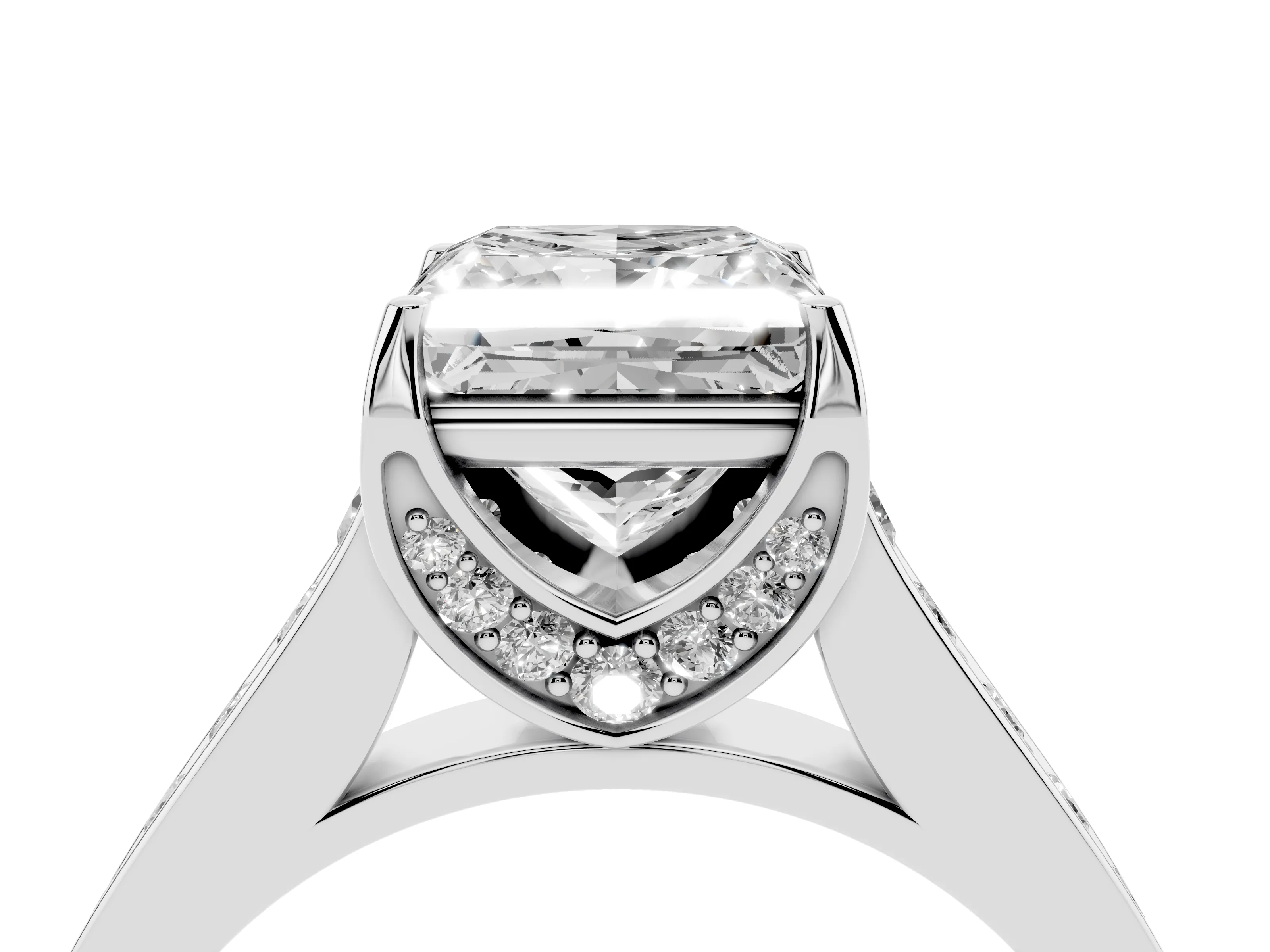 Princess Cut Diamond Solitaire Pavé Engagement Ring Set in Platinum with Prong Setting